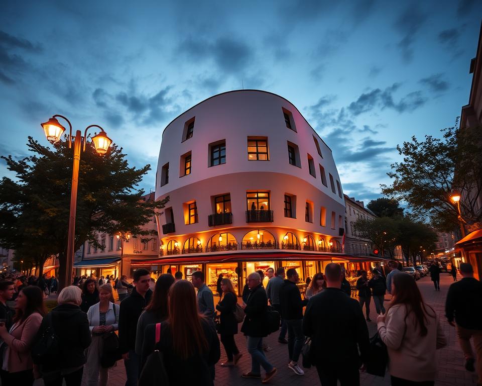 A vibrant evening scene of Krzywy Domek in Sopot, Poland, showcasing its whimsical, curvaceous architecture against a dusky sky. The foreground features animated groups of people in modest casual attire, enjoying the lively atmosphere, perhaps holding drinks and chatting. In the middle, the iconic distorted building, with its unique contours and colorful facade, captures the viewer’s attention, illuminated by soft, warm streetlights. The background reveals a bustling Monciak street lined with cafes and bars, with trees gently swaying in the evening breeze. The scene is bathed in golden hour lighting, creating a cozy, inviting ambiance, perfect for illustrating the nightlife and cultural vibrancy of Sopot. Use a wide-angle lens perspective to emphasize the building and lively street interactions. A vibrant evening scene of Krzywy Domek in Sopot, Poland, showcasing its whimsical, curvaceous architecture against a dusky sky. The foreground features animated groups of people in modest casual attire, enjoying the lively atmosphere, perhaps holding drinks and chatting. In the middle, the iconic distorted building, with its unique contours and colorful facade, captures the viewer’s attention, illuminated by soft, warm streetlights. The background reveals a bustling Monciak street lined with cafes and bars, with trees gently swaying in the evening breeze. The scene is bathed in golden hour lighting, creating a cozy, inviting ambiance, perfect for illustrating the nightlife and cultural vibrancy of Sopot. Use a wide-angle lens perspective to emphasize the building and lively street interactions.