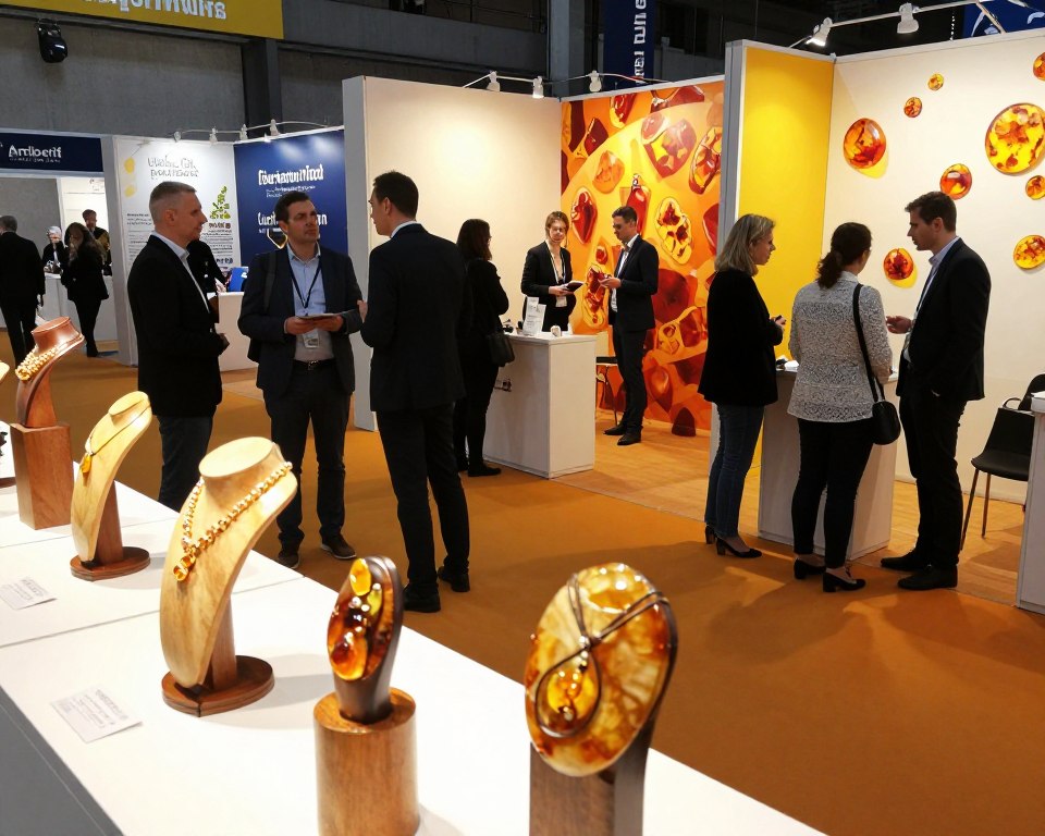 A vibrant exhibition space showcasing thematic zones, specifically designed for the Amberif trade fair in Gdańsk. In the foreground, display elegant amber jewelry pieces under soft spotlighting, highlighting their natural beauty. In the middle ground, attendees in professional business attire engage in discussions, while a few exhibitors prepare their booths, emphasizing collaboration and exchange of ideas. The background features colorful banners and stands adorned with Amber motifs, against a backdrop of warm, inviting lighting that creates a welcoming atmosphere. Capture the essence of a bustling trade fair environment, showcasing a blend of professionalism and creativity. Use a slightly elevated angle to provide an overview of the interaction and layout, with a focus on clarity and detail in all elements.