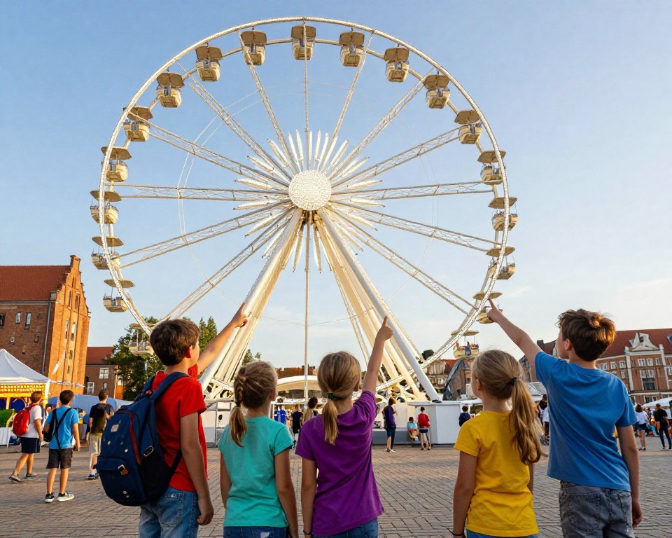 A vibrant family-friendly scene in Gdańsk depicting children joyfully exploring the AmberSky Ferris wheel. In the foreground, a group of excited children aged 5-10, wearing colorful casual clothing, can be seen pointing at the towering wheel. In the middle ground, the AmberSky Ferris wheel is prominently featured with its bright lights and gondolas, turning slowly against a clear blue sky. Families can be seen enjoying the view from inside the gondolas. The background showcases Gdańsk’s historic architecture, adding a cultural element. The scene is illuminated by warm, golden sunlight, creating a cheerful and inviting atmosphere. The angle captures both the children’s enthusiasm and the grandeur of the Ferris wheel, without any text or additional elements. A vibrant family-friendly scene in Gdańsk depicting children joyfully exploring the AmberSky Ferris wheel. In the foreground, a group of excited children aged 5-10, wearing colorful casual clothing, can be seen pointing at the towering wheel. In the middle ground, the AmberSky Ferris wheel is prominently featured with its bright lights and gondolas, turning slowly against a clear blue sky. Families can be seen enjoying the view from inside the gondolas. The background showcases Gdańsk’s historic architecture, adding a cultural element. The scene is illuminated by warm, golden sunlight, creating a cheerful and inviting atmosphere. The angle captures both the children’s enthusiasm and the grandeur of the Ferris wheel, without any text or additional elements.