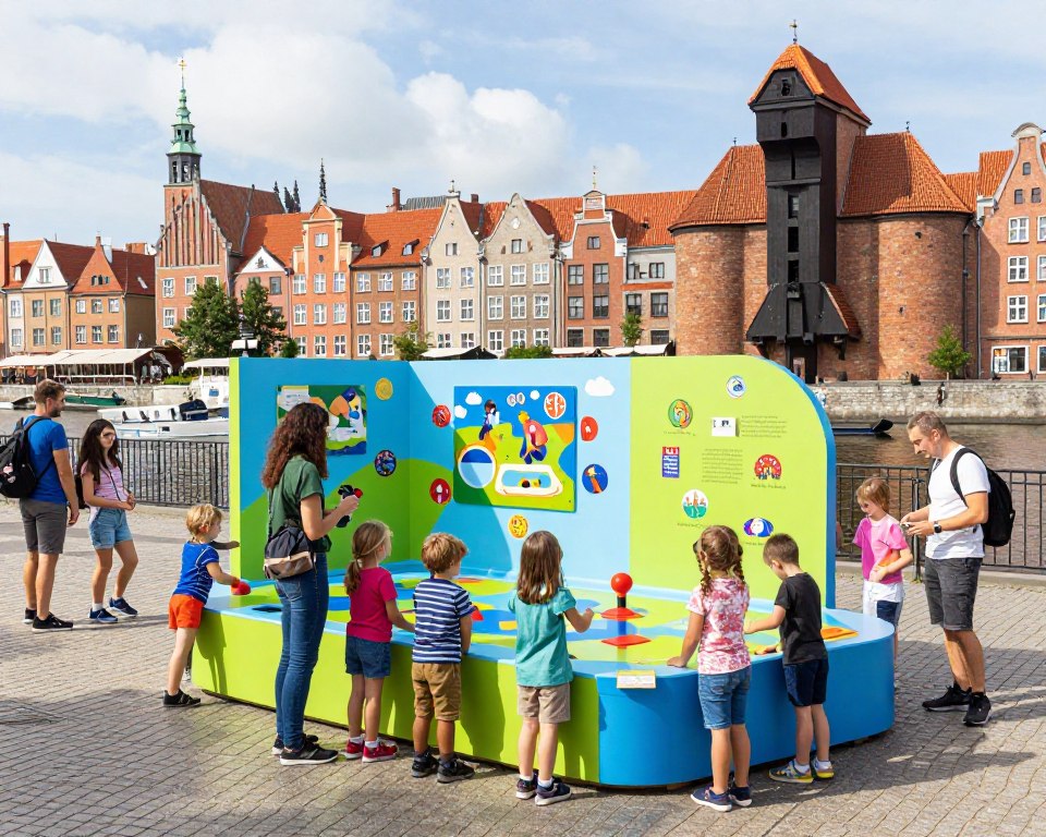A vibrant family-friendly scene in Gdańsk, showcasing a variety of attractions tailored for children and their parents. In the foreground, a group of diverse families, including children engaging joyfully with interactive exhibits, are exploring a colorful museum display. In the middle, a large interactive installation with children learning through play, surrounded by engaging educational visuals. The background features the historic architecture of Gdańsk, including its iconic waterfront buildings and a sunny sky, creating an atmosphere of excitement and discovery. Soft, natural lighting brightens the scene, enhancing the cheerful mood. The angle is slightly elevated to capture both the families and the captivating surroundings, immersing the viewer in a lively, family-oriented environment.