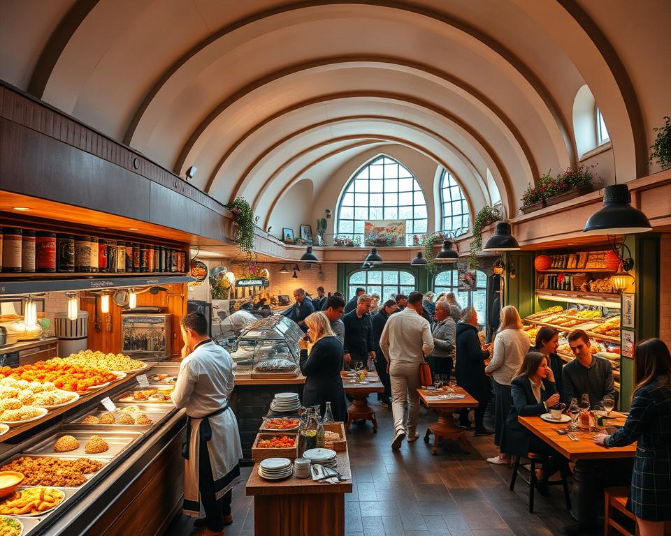 A vibrant food hall scene inside the iconic Krzywy Domek, showcasing a diverse array of culinary delights. In the foreground, carefully crafted food stalls display colorful dishes, from fresh seafood to gourmet desserts, with chefs in professional attire passionately preparing meals. In the middle ground, groups of visitors, dressed in casual yet tasteful clothing, enjoy their dining experience, some seated at rustic wooden tables, while others explore the stalls. The background reveals the unique warped architecture of the Krzywy Domek, with its whimsical curves and inviting atmosphere. Soft, warm lighting enhances the cozy ambiance, while large windows allow natural light to filter in, creating a lively yet relaxed mood. The angle is slightly elevated, providing a panoramic view of the bustling food hall.