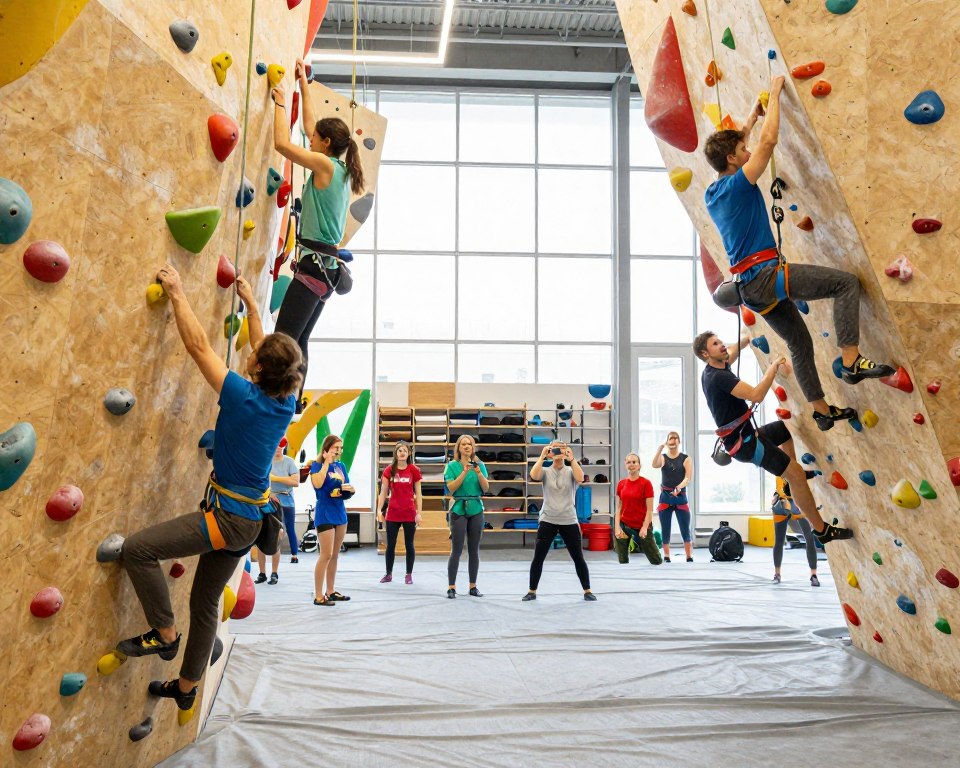 A vibrant indoor climbing wall in Gdańsk, showcasing climbers of various skill levels actively engaged in their sport. In the foreground, a diverse group of climbers, dressed in colorful and modest climbing attire, scales a textured wall filled with gripping holds. The middle ground features onlookers cheering and providing encouragement, some taking photos, capturing the energy of the scene. In the background, large windows let in natural light, illuminating the modern interior design of the climbing gym with high ceilings and equipment neatly organized. The atmosphere is lively and motivational, filled with excitement and camaraderie. The image should evoke a sense of adventure and community, emphasizing Gdańsk as a premier climbing destination. A vibrant indoor climbing wall in Gdańsk, showcasing climbers of various skill levels actively engaged in their sport. In the foreground, a diverse group of climbers, dressed in colorful and modest climbing attire, scales a textured wall filled with gripping holds. The middle ground features onlookers cheering and providing encouragement, some taking photos, capturing the energy of the scene. In the background, large windows let in natural light, illuminating the modern interior design of the climbing gym with high ceilings and equipment neatly organized. The atmosphere is lively and motivational, filled with excitement and camaraderie. The image should evoke a sense of adventure and community, emphasizing Gdańsk as a premier climbing destination.