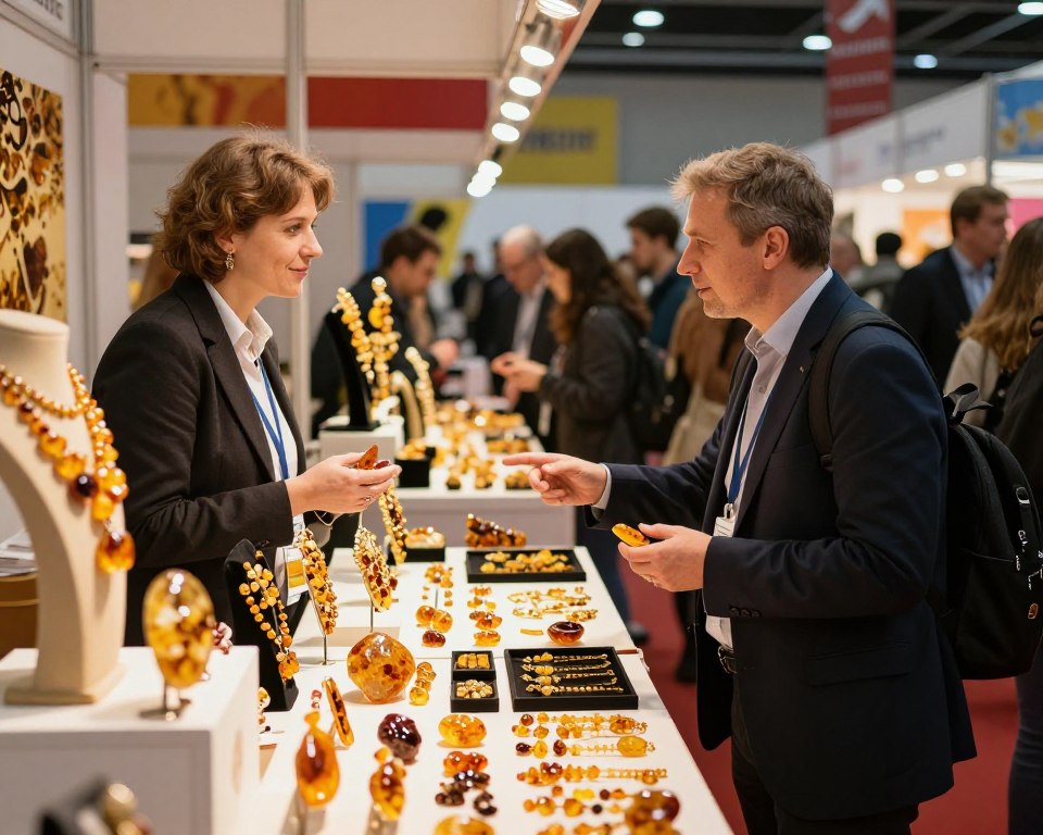 A vibrant indoor scene of the Amberif trade fair in Gdańsk, showcasing intricately designed amber jewelry and artifacts displayed on elegant booths. In the foreground, a vendor in professional business attire interacts enthusiastically with customers, presenting unique amber pieces. The middle ground features beautifully illuminated display tables filled with various amber items, ranging from raw chunks to ornate accessories. The background reveals a bustling fair atmosphere with colorful banners and softly glowing lights, enhancing the warm amber hues. The image is captured with a wide-angle lens, emphasizing depth and perspective, while soft, diffused lighting creates an inviting and engaging atmosphere, highlighting the beauty of amber art and the excitement of the seasonal variations in design and style.