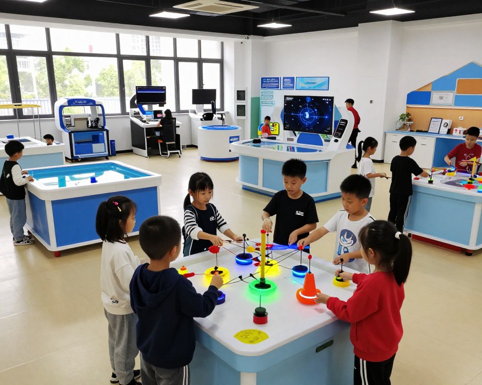 A vibrant indoor science center filled with interactive exhibits showcasing various scientific concepts, perfect for children to explore. In the foreground, a group of children wearing casual clothing eagerly interact with a colorful physics demonstration involving spinning wheels and light refraction. In the middle ground, you can see various hands-on exhibits, like a water table illustrating buoyancy and a virtual reality station creating an immersive learning experience. The background features large windows allowing natural light to flood in, illuminating the high-tech displays and creating a lively atmosphere. The scene is dynamic, encouraging curiosity and playfulness, emphasizing family engagement in a learning environment, captured with a wide-angle lens to encompass the entire space, enhancing the feel of excitement and discovery. A vibrant indoor science center filled with interactive exhibits showcasing various scientific concepts, perfect for children to explore. In the foreground, a group of children wearing casual clothing eagerly interact with a colorful physics demonstration involving spinning wheels and light refraction. In the middle ground, you can see various hands-on exhibits, like a water table illustrating buoyancy and a virtual reality station creating an immersive learning experience. The background features large windows allowing natural light to flood in, illuminating the high-tech displays and creating a lively atmosphere. The scene is dynamic, encouraging curiosity and playfulness, emphasizing family engagement in a learning environment, captured with a wide-angle lens to encompass the entire space, enhancing the feel of excitement and discovery.
