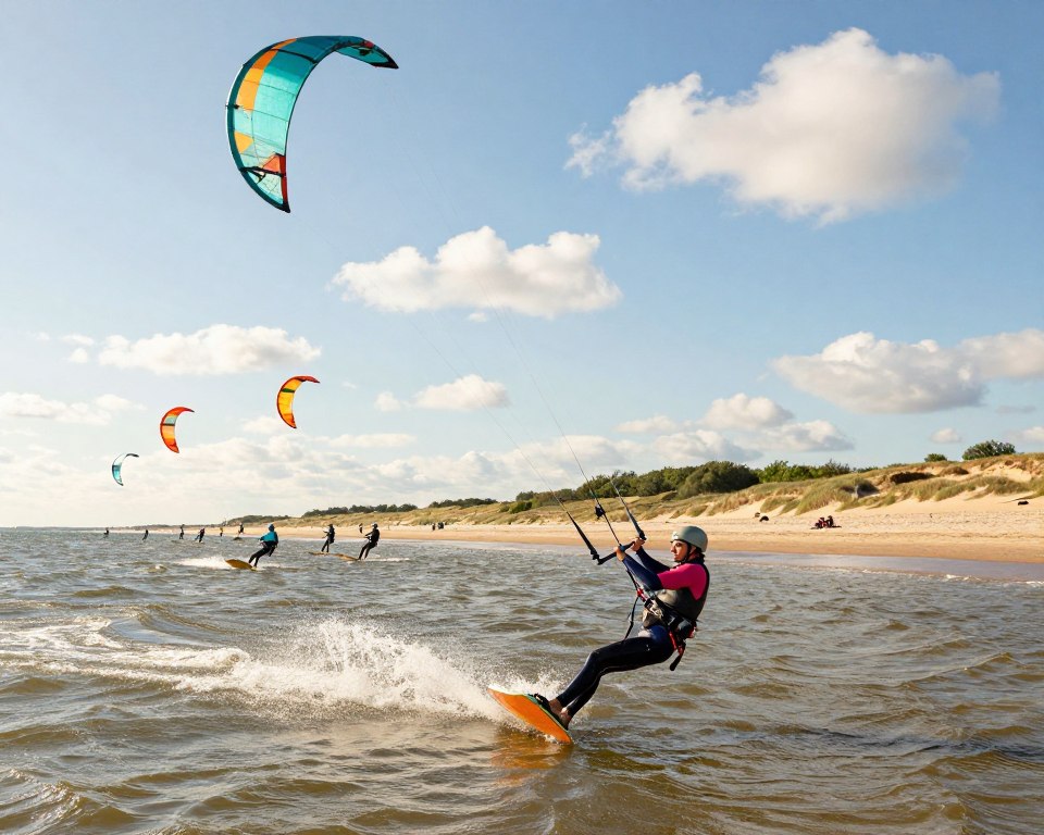 A vibrant kitesurfing scene at one of the top spots in Gdańsk, featuring a clear blue sky with scattered fluffy clouds. In the foreground, a skilled kitesurfer in a colorful wetsuit gracefully maneuvers over the shimmering water, capturing the essence of freedom and adventure. The middle ground showcases the beach dotted with other kitesurfers, showcasing various colorful kites soaring high against the sun. In the background, gentle sand dunes and lush greenery frame the scene, adding a touch of natural beauty. The image is bathed in warm, golden sunlight, creating a lively and inviting atmosphere. The angle is slightly elevated, providing a panoramic view that highlights the excitement and dynamic nature of kitesurfing in this stunning coastal location. A vibrant kitesurfing scene at one of the top spots in Gdańsk, featuring a clear blue sky with scattered fluffy clouds. In the foreground, a skilled kitesurfer in a colorful wetsuit gracefully maneuvers over the shimmering water, capturing the essence of freedom and adventure. The middle ground showcases the beach dotted with other kitesurfers, showcasing various colorful kites soaring high against the sun. In the background, gentle sand dunes and lush greenery frame the scene, adding a touch of natural beauty. The image is bathed in warm, golden sunlight, creating a lively and inviting atmosphere. The angle is slightly elevated, providing a panoramic view that highlights the excitement and dynamic nature of kitesurfing in this stunning coastal location.