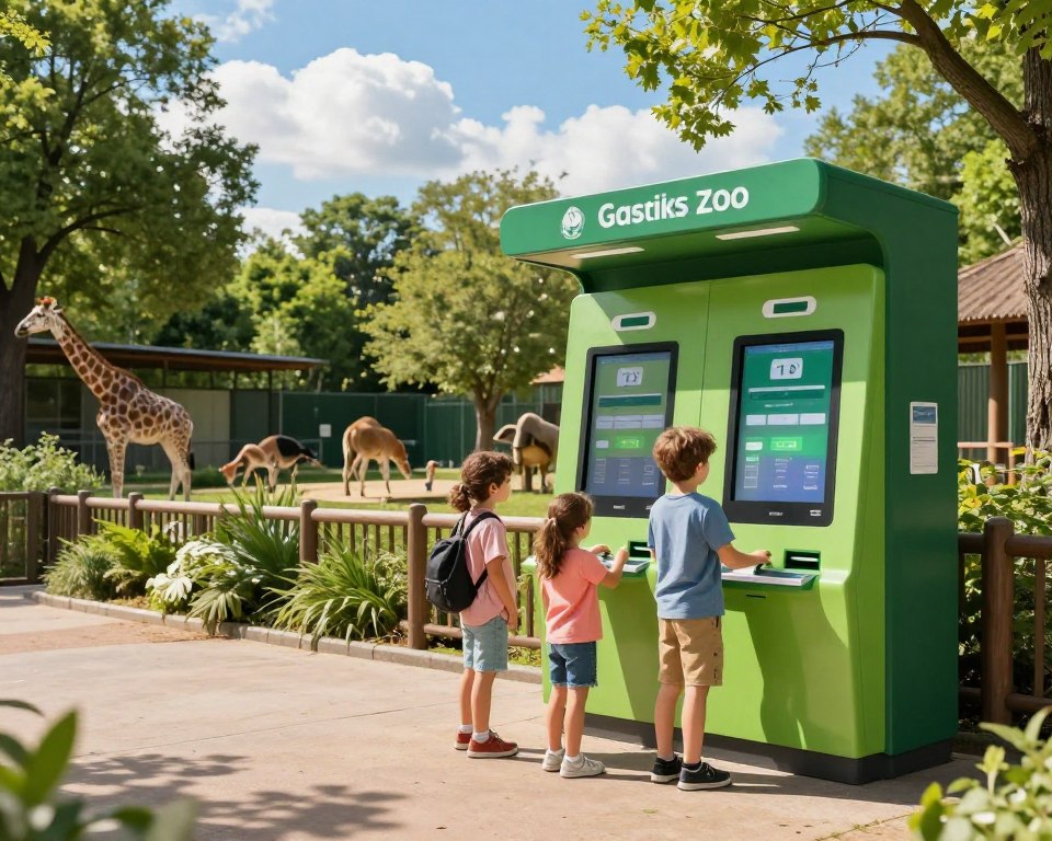 A vibrant, modern ticket purchasing kiosk located at the entrance of the Gdańsk Zoo, showcasing high-tech digital screens displaying ticket options. In the foreground, a family of four dressed in casual, comfortable clothing interacting with the touchscreen display. The middle ground features the lush greenery of the zoo, with glimpses of animal exhibits visible. The background showcases a clear blue sky with fluffy clouds, creating a cheerful atmosphere. Soft sunlight filters through the trees, casting gentle shadows around the area. The overall mood is inviting and fun, emphasizing the modern convenience of online ticket purchasing. The scene is captured with a wide-angle lens, providing a sense of openness and excitement in this popular family destination. A vibrant, modern ticket purchasing kiosk located at the entrance of the Gdańsk Zoo, showcasing high-tech digital screens displaying ticket options. In the foreground, a family of four dressed in casual, comfortable clothing interacting with the touchscreen display. The middle ground features the lush greenery of the zoo, with glimpses of animal exhibits visible. The background showcases a clear blue sky with fluffy clouds, creating a cheerful atmosphere. Soft sunlight filters through the trees, casting gentle shadows around the area. The overall mood is inviting and fun, emphasizing the modern convenience of online ticket purchasing. The scene is captured with a wide-angle lens, providing a sense of openness and excitement in this popular family destination.