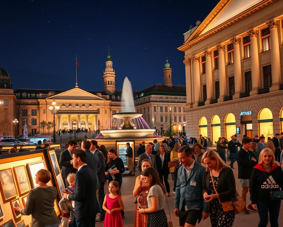 A vibrant night scene depicting the "Noc Muzeów Gdańsk" event, showcasing a bustling city atmosphere filled with families and groups of friends exploring museums. In the foreground, well-dressed individuals, including families with children, are joyfully interacting and examining various art pieces at an outdoor exhibit illuminated by warm, soft lights. In the middle ground, prominent Gdańsk landmarks, such as the Neptun Fountain and the Artus Court, are visible, adorned with colorful decorations and lit up for the occasion. In the background, a clear night sky with stars can be seen above, enhancing the festive mood. The scene conveys a sense of community and culture, capturing the spirit of curiosity and exploration during this special night. High-quality, vibrant colors with a slight depth of field to focus on the foreground actions, shot from a slightly low angle to emphasize the grandeur of the architecture. A vibrant night scene depicting the "Noc Muzeów Gdańsk" event, showcasing a bustling city atmosphere filled with families and groups of friends exploring museums. In the foreground, well-dressed individuals, including families with children, are joyfully interacting and examining various art pieces at an outdoor exhibit illuminated by warm, soft lights. In the middle ground, prominent Gdańsk landmarks, such as the Neptun Fountain and the Artus Court, are visible, adorned with colorful decorations and lit up for the occasion. In the background, a clear night sky with stars can be seen above, enhancing the festive mood. The scene conveys a sense of community and culture, capturing the spirit of curiosity and exploration during this special night. High-quality, vibrant colors with a slight depth of field to focus on the foreground actions, shot from a slightly low angle to emphasize the grandeur of the architecture.