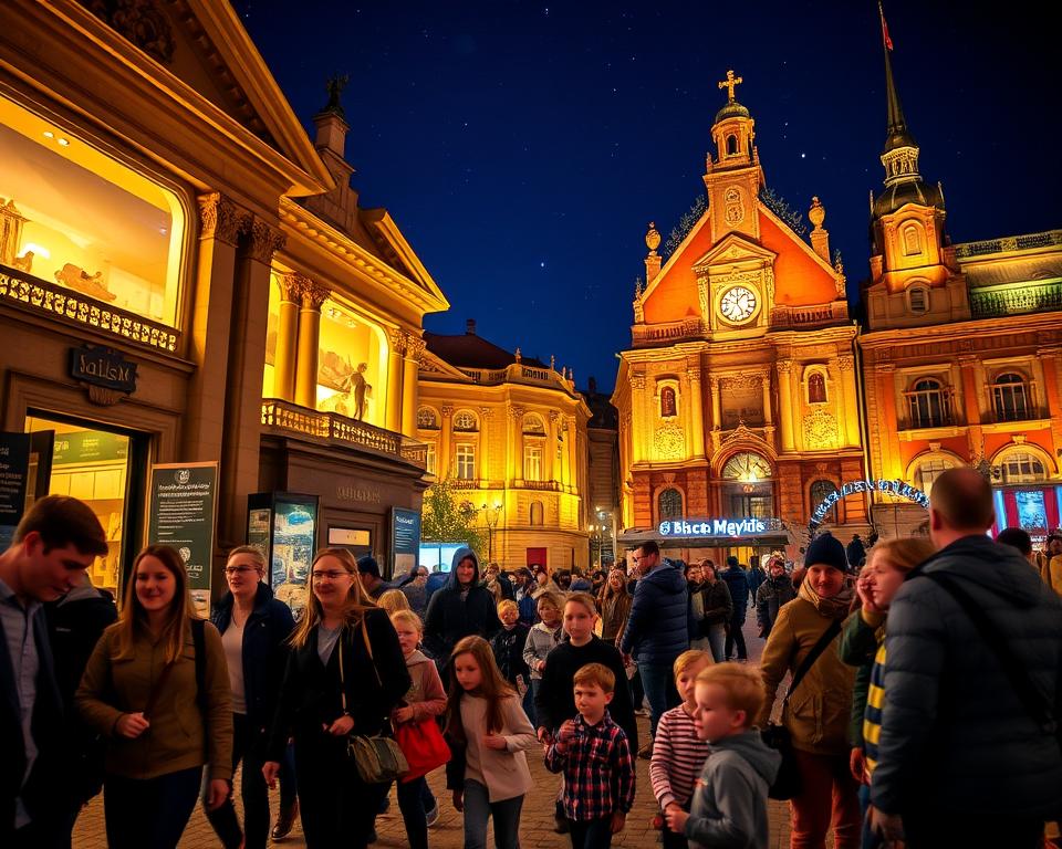 A vibrant night scene from the "Noc Muzeów Gdańsk," showcasing various museums illuminated by warm, inviting lights. In the foreground, a diverse group of adults and children, dressed in casual but neat clothing, enthusiastically entering a historical museum. In the middle, richly detailed architecture of the museum is visible, adorned with decorative elements and exhibits showcasing art and history. In the background, the picturesque Gdańsk skyline glows under a starry sky, with hints of activity like street performers and visitors enjoying the evening. The image is captured from a slightly low angle to accentuate the grandeur of the structures, with soft lighting creating an enchanting and festive atmosphere, reflecting the cultural celebration of the European Night of Museums.