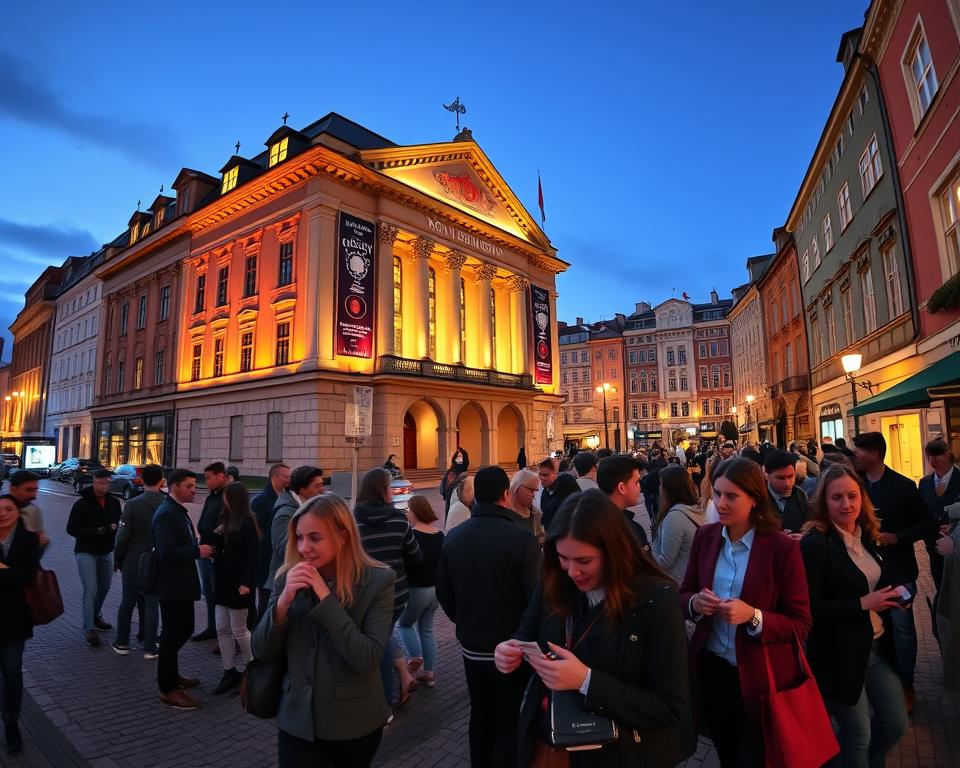 A vibrant night scene in Gdańsk during the "Noc Muzeów" with illuminated historic buildings, showcasing an array of museums and cultural institutions. In the foreground, a diverse group of visitors in smart casual attire eagerly discussing their museum experiences, holding tickets. The middle of the image features the grand facade of a classic museum, adorned with warm, inviting lights, while banners announce special nighttime events. In the background, the picturesque Gdańsk skyline, with its cobblestone streets reflecting the soft glow of street lamps against a twilight blue sky. The overall atmosphere is lively and enchanting, capturing the excitement of an engaging cultural night. Shot from a slightly elevated angle for a panoramic view, with a wide aperture to create a slight bokeh effect on the background. A vibrant night scene in Gdańsk during the "Noc Muzeów" with illuminated historic buildings, showcasing an array of museums and cultural institutions. In the foreground, a diverse group of visitors in smart casual attire eagerly discussing their museum experiences, holding tickets. The middle of the image features the grand facade of a classic museum, adorned with warm, inviting lights, while banners announce special nighttime events. In the background, the picturesque Gdańsk skyline, with its cobblestone streets reflecting the soft glow of street lamps against a twilight blue sky. The overall atmosphere is lively and enchanting, capturing the excitement of an engaging cultural night. Shot from a slightly elevated angle for a panoramic view, with a wide aperture to create a slight bokeh effect on the background.