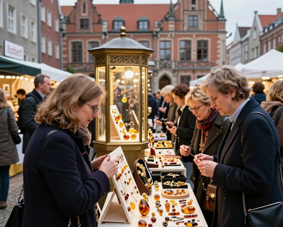 A vibrant scene capturing the essence of the Gdańsk Jewellery Week, showcasing the "Amberif" event. In the foreground, elegantly dressed attendees explore various stalls filled with unique amber jewelry and artisan crafts, their expressions a mix of fascination and delight. The middle ground features ornate display cases showcasing glimmering amber pieces under soft, warm lighting that highlights their natural beauty. In the background, a beautiful historic Gdańsk architecture creates a picturesque setting, subtly blurred to draw focus on the event. The atmosphere is lively yet sophisticated, with a joyful crowd interacting and admiring the artistry. The image should evoke a sense of cultural richness and local craftsmanship, captured from a slightly elevated angle to encompass the entire scene.