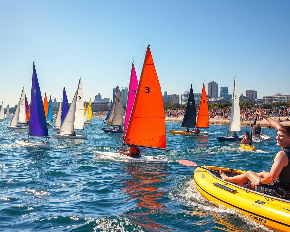 A vibrant scene depicting Gdynia Sailing Days, showcasing a lively water sports atmosphere. In the foreground, several sailboats of various colors glide across the sparkling blue waters, their sails catching the sunlight, creating a kaleidoscope of colors. The middle ground features enthusiastic participants in modest sailing attire, engaged in various activities such as windsurfing and kayaking, conveying a sense of excitement and competition. The background displays the picturesque Gdynia skyline, with cheerful spectators along the shoreline enjoying the festivities. The image is bathed in warm afternoon sunlight, creating a joyful and energetic mood. Use a wide-angle lens perspective to capture the breadth of the scene, emphasizing the motion and vibrancy of water recreation. A vibrant scene depicting Gdynia Sailing Days, showcasing a lively water sports atmosphere. In the foreground, several sailboats of various colors glide across the sparkling blue waters, their sails catching the sunlight, creating a kaleidoscope of colors. The middle ground features enthusiastic participants in modest sailing attire, engaged in various activities such as windsurfing and kayaking, conveying a sense of excitement and competition. The background displays the picturesque Gdynia skyline, with cheerful spectators along the shoreline enjoying the festivities. The image is bathed in warm afternoon sunlight, creating a joyful and energetic mood. Use a wide-angle lens perspective to capture the breadth of the scene, emphasizing the motion and vibrancy of water recreation.