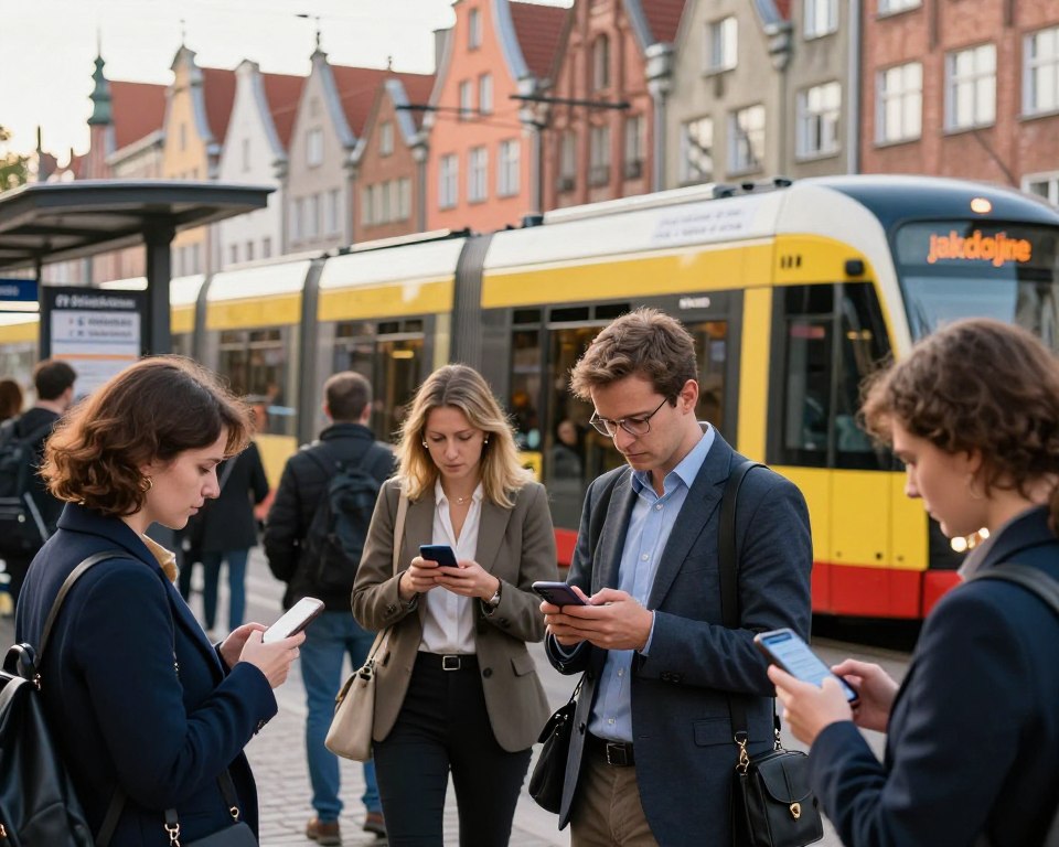 A vibrant scene depicting a busy urban setting in Gdańsk, Poland, with people using their smartphones to purchase public transport tickets through various applications like jakdojade, mPay, and SkyCash. In the foreground, a diverse group of professionally dressed individuals is focused on their phones, engaging with ticket apps while waiting at a modern tram stop. The middle ground features a well-designed tram, showcasing its vibrant colors and sleek lines, with clear signage indicating the route. In the background, iconic Gdańsk architecture, including colorful facades and historical buildings, enhances the urban atmosphere. Soft natural lighting casts a warm glow, creating an inviting and bustling feel, with a slightly blurred depth of field to emphasize the foreground activities.