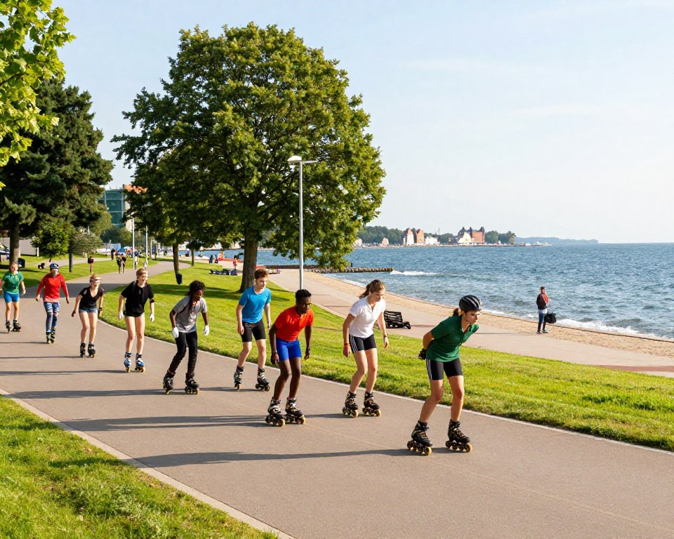 A vibrant scene depicting rollerblading in Gdańsk along scenic asphalt paths by the sea. In the foreground, a diverse group of rollerbladers, dressed in colorful, sporty attire, gliding smoothly on the well-maintained trails. The middle ground features lush green parks and tall trees, while the background showcases the sparkling blue sea under a bright, sunny sky. Soft sunlight bathes the scene, creating a warm and inviting atmosphere. Add gentle waves lapping at the shore and distant silhouettes of historical Gdańsk architecture along the waterfront. Capture the essence of leisure and enjoyment, with a focus on movement and the beauty of the coastal landscape in a wide-angle view. A vibrant scene depicting rollerblading in Gdańsk along scenic asphalt paths by the sea. In the foreground, a diverse group of rollerbladers, dressed in colorful, sporty attire, gliding smoothly on the well-maintained trails. The middle ground features lush green parks and tall trees, while the background showcases the sparkling blue sea under a bright, sunny sky. Soft sunlight bathes the scene, creating a warm and inviting atmosphere. Add gentle waves lapping at the shore and distant silhouettes of historical Gdańsk architecture along the waterfront. Capture the essence of leisure and enjoyment, with a focus on movement and the beauty of the coastal landscape in a wide-angle view.