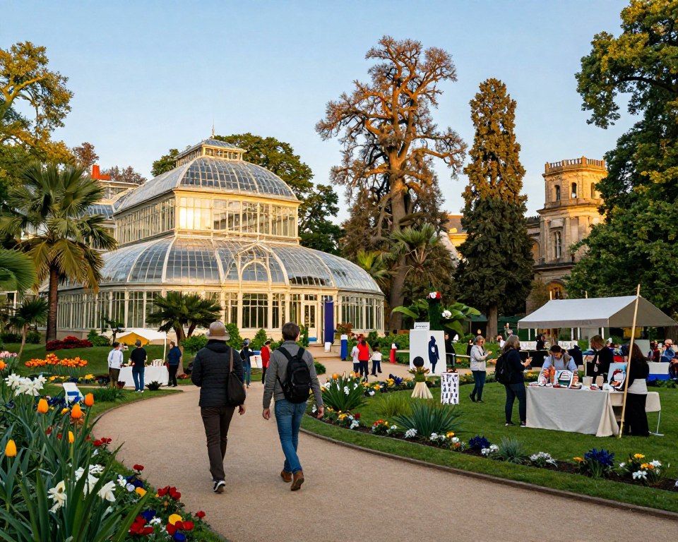 A vibrant scene depicting seasonal attractions in Park Oliwski, showcasing diverse cultural events. In the foreground, a couple of visitors in modest casual clothing stroll along a winding path lined with blooming flowers and seasonal decorations. The middle ground features the iconic Palm House, its glass structure glistening under warm, golden sunlight, surrounded by lush greenery. Nearby, people gather around artistic installations and enjoy local vendors selling crafts and refreshments. In the background, tall ancient trees and historical monuments rise against a clear blue sky, creating a peaceful yet lively atmosphere. The scene should capture the joy and vitality of cultural happenings, with soft, diffused lighting emphasizing the natural beauty of the park. Use a slight low-angle perspective to enhance the grandeur of the surroundings. A vibrant scene depicting seasonal attractions in Park Oliwski, showcasing diverse cultural events. In the foreground, a couple of visitors in modest casual clothing stroll along a winding path lined with blooming flowers and seasonal decorations. The middle ground features the iconic Palm House, its glass structure glistening under warm, golden sunlight, surrounded by lush greenery. Nearby, people gather around artistic installations and enjoy local vendors selling crafts and refreshments. In the background, tall ancient trees and historical monuments rise against a clear blue sky, creating a peaceful yet lively atmosphere. The scene should capture the joy and vitality of cultural happenings, with soft, diffused lighting emphasizing the natural beauty of the park. Use a slight low-angle perspective to enhance the grandeur of the surroundings.