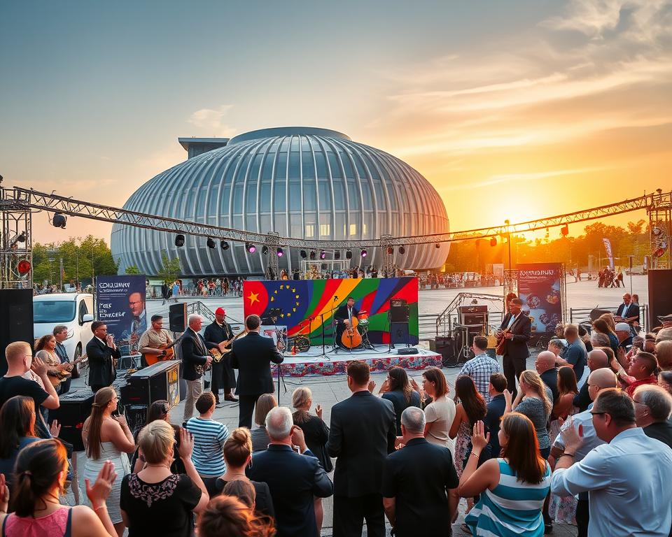 A vibrant scene depicting the "Program artystyczny festiwalu Solidarity of Arts" in Gdańsk, highlighting a lively outdoor stage set against the backdrop of the European Solidarity Centre. In the foreground, a diverse group of artists and musicians dressed in professional business attire, passionately engaging with the audience. The middle ground showcases a colorful array of musical instruments and artistic displays, while lively festival-goers are enjoying the atmosphere, clapping and dancing. In the background, the iconic architecture of the ECS looms under a golden sunset, with soft lighting illuminating the scene, evoking a sense of unity and celebration. The mood is vibrant and inspiring, capturing the essence of the festival's artistic vision and key attractions. A vibrant scene depicting the "Program artystyczny festiwalu Solidarity of Arts" in Gdańsk, highlighting a lively outdoor stage set against the backdrop of the European Solidarity Centre. In the foreground, a diverse group of artists and musicians dressed in professional business attire, passionately engaging with the audience. The middle ground showcases a colorful array of musical instruments and artistic displays, while lively festival-goers are enjoying the atmosphere, clapping and dancing. In the background, the iconic architecture of the ECS looms under a golden sunset, with soft lighting illuminating the scene, evoking a sense of unity and celebration. The mood is vibrant and inspiring, capturing the essence of the festival's artistic vision and key attractions.