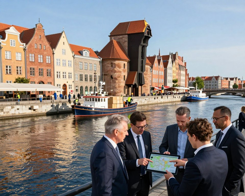 A vibrant scene depicting the bustling Motława waterfront in Gdańsk, showcasing a lively logistics hub. In the foreground, a diverse group of people dressed in professional business attire are engaged in discussions, pointing at a digital map on a tablet. The middle ground features picturesque canals lined with quaint buildings and boats gently bobbing in the water, while logistics professionals coordinate the movement of goods. In the background, the iconic historic structures of Gdańsk rise against a clear blue sky, with sunlight illuminating the scene, creating a warm and inviting atmosphere. The perspective is slightly elevated, capturing both the activity along the waterfront and the scenic beauty of the city. Subtle reflections on the water enhance the overall aesthetic, making it both informative and appealing.
