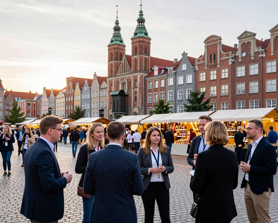 A vibrant scene depicting the cultural and social significance of Targ Węglowy, Gdańsk. In the foreground, a diverse group of people engaged in lively conversations and exchanging ideas, dressed in professional business attire and modest casual clothing. In the middle ground, the iconic architectural features of Targ Węglowy, showcasing historic buildings and local market stalls filled with artisanal goods. The background includes the gentle glow of the setting sun, casting warm light over the square and highlighting the bustling atmosphere. The mood is inviting and dynamic, reflecting a blend of tradition and modernity. Use a wide-angle lens to capture the depth of the scene, emphasizing the interactions and the vibrant market life. A vibrant scene depicting the cultural and social significance of Targ Węglowy, Gdańsk. In the foreground, a diverse group of people engaged in lively conversations and exchanging ideas, dressed in professional business attire and modest casual clothing. In the middle ground, the iconic architectural features of Targ Węglowy, showcasing historic buildings and local market stalls filled with artisanal goods. The background includes the gentle glow of the setting sun, casting warm light over the square and highlighting the bustling atmosphere. The mood is inviting and dynamic, reflecting a blend of tradition and modernity. Use a wide-angle lens to capture the depth of the scene, emphasizing the interactions and the vibrant market life.