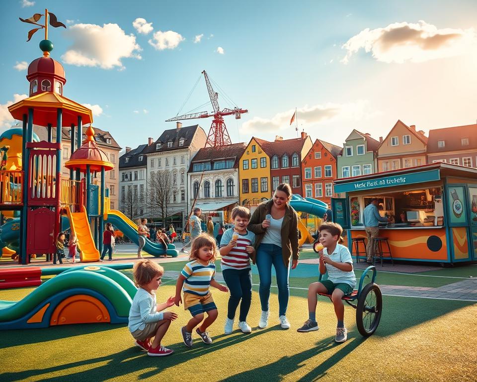A vibrant scene in Gdańsk showcasing child-friendly attractions for families. In the foreground, children play joyfully in a colorful, interactive playground filled with whimsical structures, slides, and climbing frames. The middle ground features a family enjoying ice cream from a local vendor, with a cheerful parent helping a child on a swing. The background includes iconic Gdańsk architecture, such as the historic Gdańsk Crane and colorful townhouses, bathed in warm, golden sunlight. Soft, blue skies and a few fluffy clouds create a cheerful atmosphere. The image conveys a sense of joy, warmth, and adventure, highlighting the perfect family-friendly environment in the city. The angle captures this lively interaction from a slightly elevated perspective, creating depth and inviting viewers into the scene.