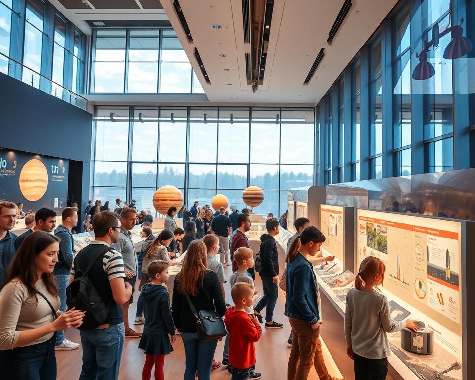 A vibrant scene inside the Centrum Hewelianum, showcasing interactive exhibits about energy and space. In the foreground, a diverse group of visitors-families, children, and science enthusiasts-engaged with hands-on displays, wearing casual but presentable clothing. The middle ground features intriguing exhibits with models of planets, energy sources, and educational panels, all illuminated by soft, diffused LED lighting that creates a warm, inviting atmosphere. The background includes large windows revealing a glimpse of the sky, indicating a bright, clear day. The overall mood is one of curiosity and excitement, inviting viewers to delve into the wonders of science. The perspective is from slightly above, capturing the dynamic interactions among visitors while emphasizing the impressive installations. A vibrant scene inside the Centrum Hewelianum, showcasing interactive exhibits about energy and space. In the foreground, a diverse group of visitors-families, children, and science enthusiasts-engaged with hands-on displays, wearing casual but presentable clothing. The middle ground features intriguing exhibits with models of planets, energy sources, and educational panels, all illuminated by soft, diffused LED lighting that creates a warm, inviting atmosphere. The background includes large windows revealing a glimpse of the sky, indicating a bright, clear day. The overall mood is one of curiosity and excitement, inviting viewers to delve into the wonders of science. The perspective is from slightly above, capturing the dynamic interactions among visitors while emphasizing the impressive installations.