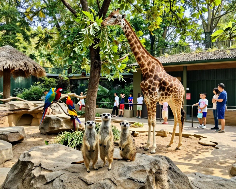 A vibrant scene inside the Gdańsk Zoo in Oliwa, showcasing various animals interacting in their habitats. In the foreground, a playful family of meerkats stands atop a rocky mound, their curious expressions capturing the spirit of the zoo. In the middle ground, a diverse array of animals, including a majestic giraffe reaching for leaves on a tall tree and a group of colorful parrots perched nearby, create a lively atmosphere. The background features lush greenery with visitors exploring the pathways, some children gazing in awe. Soft, natural lighting filters through the leaves, casting dappled shadows on the ground. This enchanting zoo scene captures the joy and wonder of animal life, inviting viewers into a serene yet dynamic environment. The angle is slightly elevated to encompass both the animals and the delighted visitors below. A vibrant scene inside the Gdańsk Zoo in Oliwa, showcasing various animals interacting in their habitats. In the foreground, a playful family of meerkats stands atop a rocky mound, their curious expressions capturing the spirit of the zoo. In the middle ground, a diverse array of animals, including a majestic giraffe reaching for leaves on a tall tree and a group of colorful parrots perched nearby, create a lively atmosphere. The background features lush greenery with visitors exploring the pathways, some children gazing in awe. Soft, natural lighting filters through the leaves, casting dappled shadows on the ground. This enchanting zoo scene captures the joy and wonder of animal life, inviting viewers into a serene yet dynamic environment. The angle is slightly elevated to encompass both the animals and the delighted visitors below.