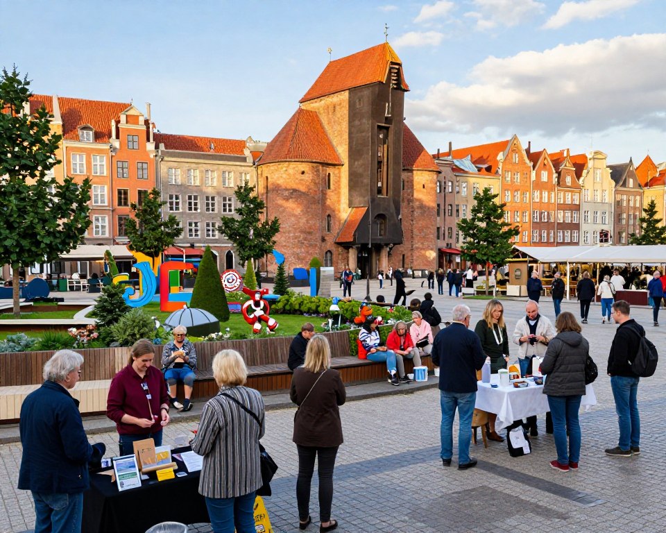 A vibrant scene of Targ Węglowy in Gdańsk, showcasing the transformation of public space. In the foreground, a diverse group of residents engage in community activities, wearing professional attire and modest casual clothing, some interacting with local vendors in a lively market setup. The middle ground features beautifully designed public seating areas surrounded by artistic installations and greenery, symbolizing community engagement and revitalization. In the background, the historic architecture of Gdańsk is illuminated by soft, warm sunlight, enhancing the inviting atmosphere of the square. The sky is clear with soft clouds, and the overall mood is one of joy and collaboration. Capture the image with a wide-angle perspective, ensuring a rich depth of field that showcases the dynamic interplay of people and space while keeping the composition balanced and harmonious. A vibrant scene of Targ Węglowy in Gdańsk, showcasing the transformation of public space. In the foreground, a diverse group of residents engage in community activities, wearing professional attire and modest casual clothing, some interacting with local vendors in a lively market setup. The middle ground features beautifully designed public seating areas surrounded by artistic installations and greenery, symbolizing community engagement and revitalization. In the background, the historic architecture of Gdańsk is illuminated by soft, warm sunlight, enhancing the inviting atmosphere of the square. The sky is clear with soft clouds, and the overall mood is one of joy and collaboration. Capture the image with a wide-angle perspective, ensuring a rich depth of field that showcases the dynamic interplay of people and space while keeping the composition balanced and harmonious.