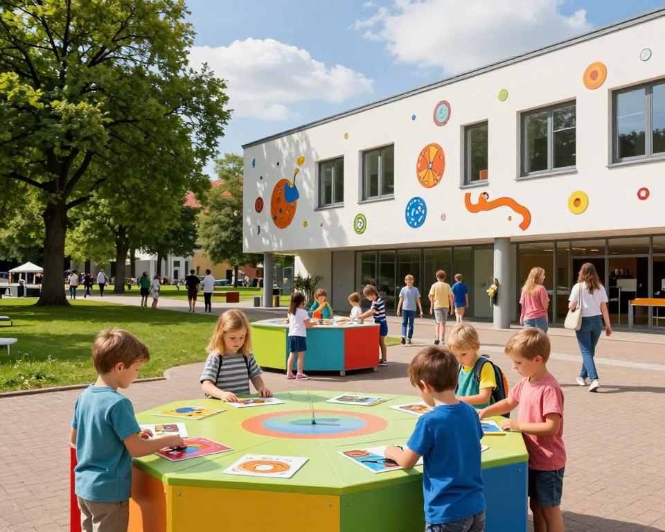 A vibrant scene of cultural institutions in Gdańsk, showcasing a lively museum environment designed for children. In the foreground, a colorful interactive exhibition area with children engaged in hands-on activities, exploring creative displays. The middle ground features a family-friendly museum building with modern architecture adorned with playful art installations. In the background, a lush green park with trees and pathways where families are walking and enjoying the day, under bright blue skies. Natural lighting illuminates the scene with a warm, inviting atmosphere, creating a sense of joy and curiosity. The image should be captured at a slight angle to provide depth and perspective, emphasizing the bustling activity within the museum setting.