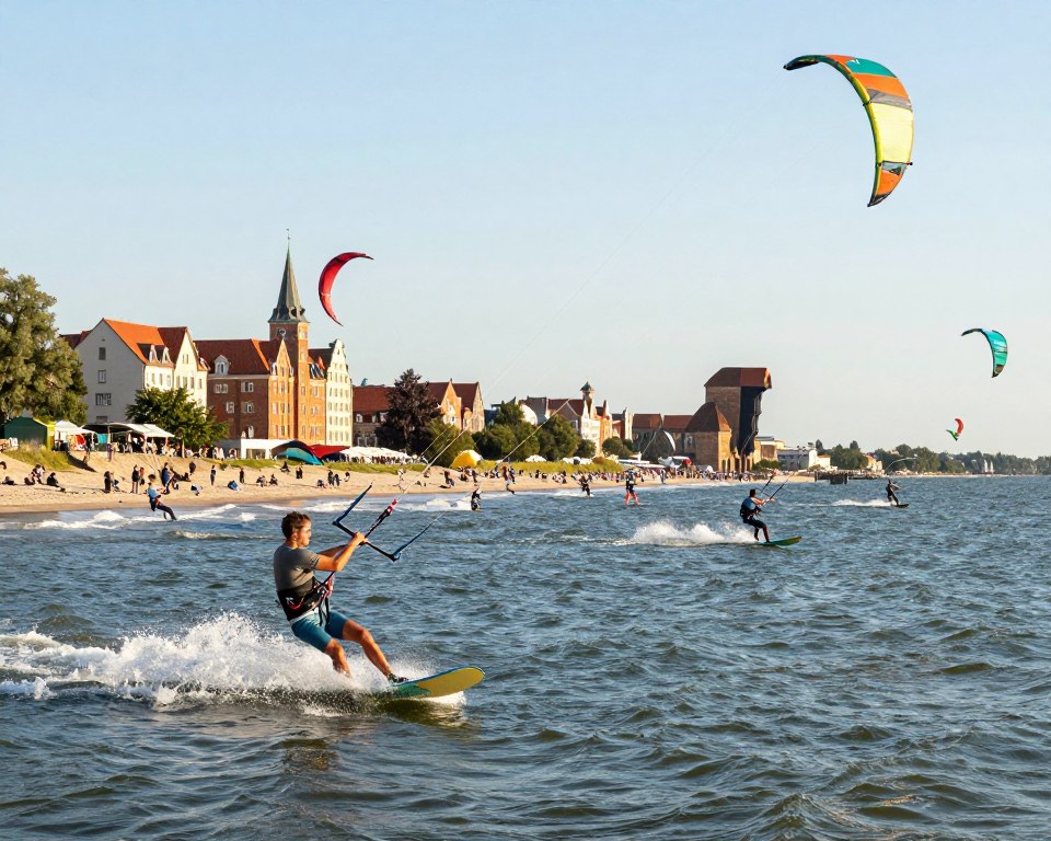 A vibrant scene of kitesurfing in Gdańsk, showcasing the beautiful Baltic Sea. In the foreground, an enthusiastic kitesurfer in modest casual clothing skillfully navigates the water with a colorful kite soaring high above. The middle ground features several other kitesurfers enjoying the sunny day, with their kites creating a dynamic tapestry of colors against the sky. In the background, the picturesque skyline of Gdańsk is visible, including historic buildings and a sandy beach filled with onlookers enjoying the spectacle. The scene is bathed in warm sunlight, reflecting off the waves, creating a lively and energetic atmosphere. The angle captures an expansive view of the beach and water, emphasizing the thrill of kitesurfing in this coastal city. A vibrant scene of kitesurfing in Gdańsk, showcasing the beautiful Baltic Sea. In the foreground, an enthusiastic kitesurfer in modest casual clothing skillfully navigates the water with a colorful kite soaring high above. The middle ground features several other kitesurfers enjoying the sunny day, with their kites creating a dynamic tapestry of colors against the sky. In the background, the picturesque skyline of Gdańsk is visible, including historic buildings and a sandy beach filled with onlookers enjoying the spectacle. The scene is bathed in warm sunlight, reflecting off the waves, creating a lively and energetic atmosphere. The angle captures an expansive view of the beach and water, emphasizing the thrill of kitesurfing in this coastal city.