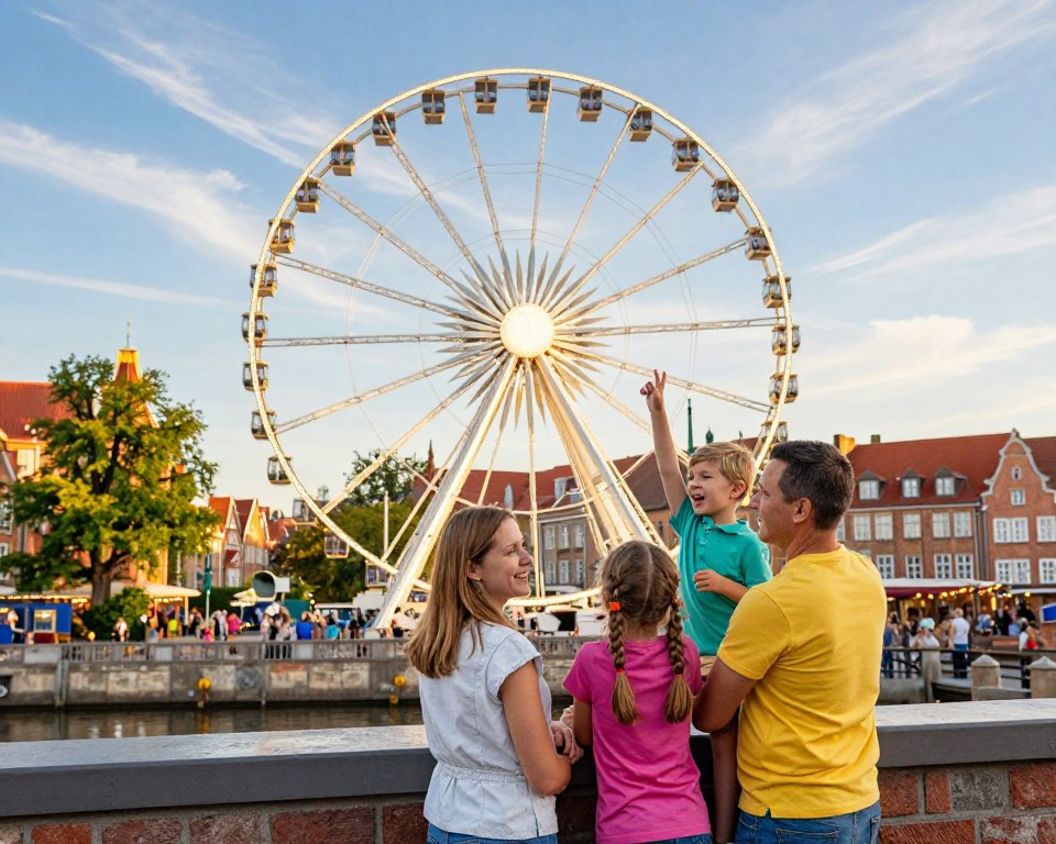 A vibrant scene of the AmberSky Ferris wheel in Gdańsk, showcasing a joyful family with two young children enjoying the view. In the foreground, the family is standing together with smiles, dressed in colorful casual clothing, their excitement palpable. The middle layer consists of the iconic Ferris wheel, beautifully lit against a blue sky, with wispy clouds creating an inviting atmosphere. In the background, the picturesque city of Gdańsk, featuring its historic architecture and lush greenery, adds depth to the scene. The lighting is warm and golden, suggesting late afternoon sun, evoking a sense of happiness and adventure. The composition is balanced, emphasizing the joy of family experiences at this landmark location. The image has a cheerful and inviting ambiance, perfect for illustrating family outings in Gdańsk. A vibrant scene of the AmberSky Ferris wheel in Gdańsk, showcasing a joyful family with two young children enjoying the view. In the foreground, the family is standing together with smiles, dressed in colorful casual clothing, their excitement palpable. The middle layer consists of the iconic Ferris wheel, beautifully lit against a blue sky, with wispy clouds creating an inviting atmosphere. In the background, the picturesque city of Gdańsk, featuring its historic architecture and lush greenery, adds depth to the scene. The lighting is warm and golden, suggesting late afternoon sun, evoking a sense of happiness and adventure. The composition is balanced, emphasizing the joy of family experiences at this landmark location. The image has a cheerful and inviting ambiance, perfect for illustrating family outings in Gdańsk.