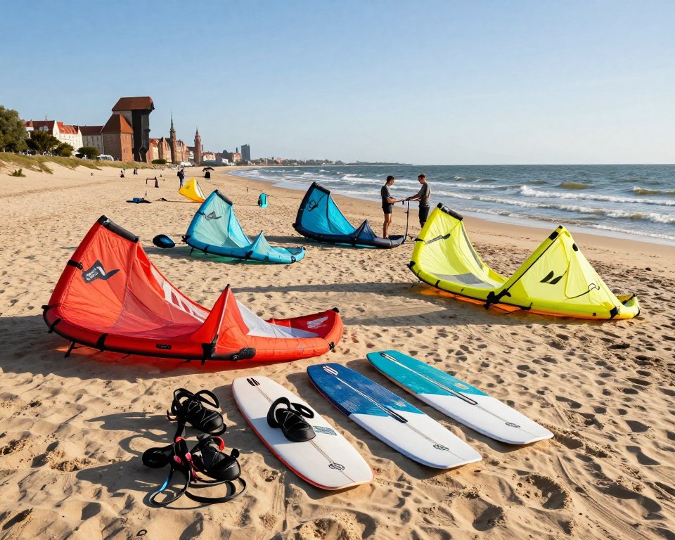 A vibrant scene showcasing a selection of kitesurfing equipment laid out on a sandy beach. In the foreground, various colorful kites in bright reds, blues, and yellows, alongside sturdy boards with sleek designs. A harness and leash are neatly arranged, emphasizing the essential gear for enthusiasts. In the middle ground, a few individuals in modest casual attire are inspecting the equipment, with a backdrop of gentle waves and a clear blue sky. In the background, a picturesque view of Gdańsk with its iconic skyline and distant shores can be seen, enhancing the location's appeal. The lighting is warm and bright, suggesting a sunny day, with soft shadows for a dynamic yet inviting atmosphere. The angle captures depth, drawing the viewer into the world of kitesurfing. A vibrant scene showcasing a selection of kitesurfing equipment laid out on a sandy beach. In the foreground, various colorful kites in bright reds, blues, and yellows, alongside sturdy boards with sleek designs. A harness and leash are neatly arranged, emphasizing the essential gear for enthusiasts. In the middle ground, a few individuals in modest casual attire are inspecting the equipment, with a backdrop of gentle waves and a clear blue sky. In the background, a picturesque view of Gdańsk with its iconic skyline and distant shores can be seen, enhancing the location's appeal. The lighting is warm and bright, suggesting a sunny day, with soft shadows for a dynamic yet inviting atmosphere. The angle captures depth, drawing the viewer into the world of kitesurfing.