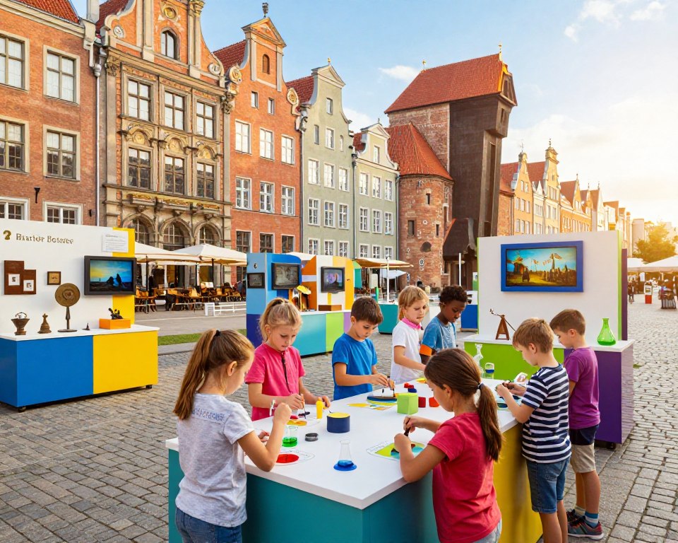 A vibrant scene showcasing educational places in Gdańsk, highlighting interactive museums for children. In the foreground, a group of diverse children, dressed in modest casual clothing, are engaged in a hands-on scientific experiment at a colorful exhibition. In the middle ground, various educational displays, such as historical artifacts and interactive digital screens, invite exploration. The background features the iconic architecture of Gdańsk, including ornate buildings and cobblestone streets, under a bright blue sky. Soft, warm sunlight filters through, creating an inviting and cheerful atmosphere. The composition is balanced, with a slightly elevated angle to capture both the children's excitement and the allure of the museum surroundings.