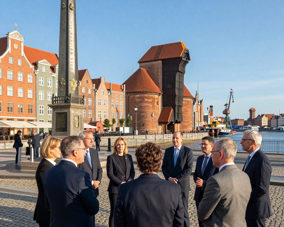 A vibrant scene showcasing notable locations in Gdańsk associated with Lech Wałęsa, featuring recognizable landmarks such as the Solidarity Monument, the Gdańsk Shipyard, and the European Solidarity Centre. In the foreground, depict a diverse group of professional individuals in business attire engaging in thoughtful discussion, symbolizing unity and reflection. The middle ground should illustrate the historic architecture of Gdańsk, with colorful facades and cobbled streets, under a clear blue sky. In the background, softly capture the silhouette of the iconic crane at the Gdańsk port and the picturesque Motława River. Use warm sunlight for a welcoming atmosphere, employing a slightly elevated angle for a comprehensive view, emphasizing both the historical significance and vibrant present of these locations. A vibrant scene showcasing notable locations in Gdańsk associated with Lech Wałęsa, featuring recognizable landmarks such as the Solidarity Monument, the Gdańsk Shipyard, and the European Solidarity Centre. In the foreground, depict a diverse group of professional individuals in business attire engaging in thoughtful discussion, symbolizing unity and reflection. The middle ground should illustrate the historic architecture of Gdańsk, with colorful facades and cobbled streets, under a clear blue sky. In the background, softly capture the silhouette of the iconic crane at the Gdańsk port and the picturesque Motława River. Use warm sunlight for a welcoming atmosphere, employing a slightly elevated angle for a comprehensive view, emphasizing both the historical significance and vibrant present of these locations.