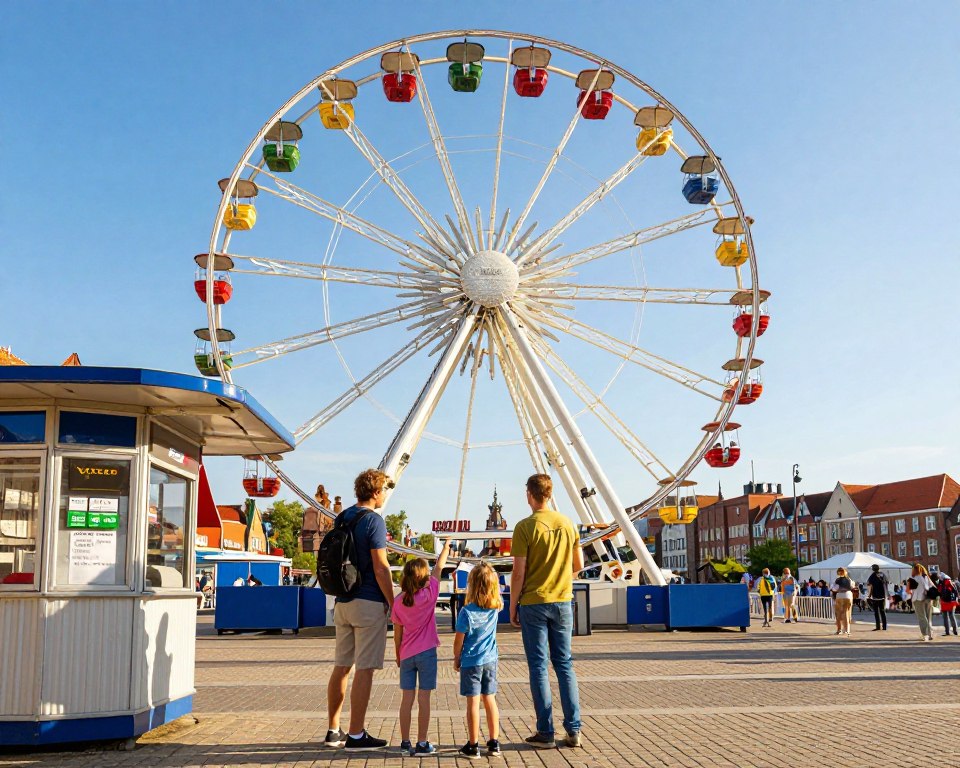 A vibrant scene showcasing the AmberSky Ferris wheel in Gdańsk, set against a clear blue sky. In the foreground, a family of four is standing near a ticket booth, discussing ticket prices and reservations. The parents are dressed in casual clothing, and two children are excitedly pointing at the Ferris wheel. In the middle ground, the colorful Ferris wheel looms majestically, with gondolas filled with happy families enjoying panoramic views. In the background, the historic skyline of Gdańsk can be seen, enhancing the picturesque quality of the scene. The sunlight casts warm, inviting shadows, creating a cheerful and family-friendly atmosphere. The image is captured from a slightly low angle to emphasize the height of the Ferris wheel while maintaining a balanced composition that draws the viewer’s eye. A vibrant scene showcasing the AmberSky Ferris wheel in Gdańsk, set against a clear blue sky. In the foreground, a family of four is standing near a ticket booth, discussing ticket prices and reservations. The parents are dressed in casual clothing, and two children are excitedly pointing at the Ferris wheel. In the middle ground, the colorful Ferris wheel looms majestically, with gondolas filled with happy families enjoying panoramic views. In the background, the historic skyline of Gdańsk can be seen, enhancing the picturesque quality of the scene. The sunlight casts warm, inviting shadows, creating a cheerful and family-friendly atmosphere. The image is captured from a slightly low angle to emphasize the height of the Ferris wheel while maintaining a balanced composition that draws the viewer’s eye.