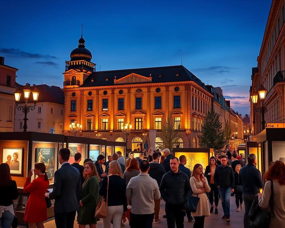 A vibrant scene showcasing the "Noc Muzeów" in Gdańsk, highlighting visitors exploring various museums under the enchanting evening sky. In the foreground, a diverse group of people dressed in smart casual attire, engaging with art exhibits, and enjoying interactive displays. The middle ground features a historic building, beautifully illuminated with soft lights, showcasing the museum's grandeur. The background reveals the charming streets of Gdańsk, bathed in warm golden hues from street lamps, enhancing the cultural ambiance. A slight dusk creates a magical atmosphere, with deep blues and warm orange blending in the sky. The image captures the excitement and community spirit of the event, with an inviting and festive mood.