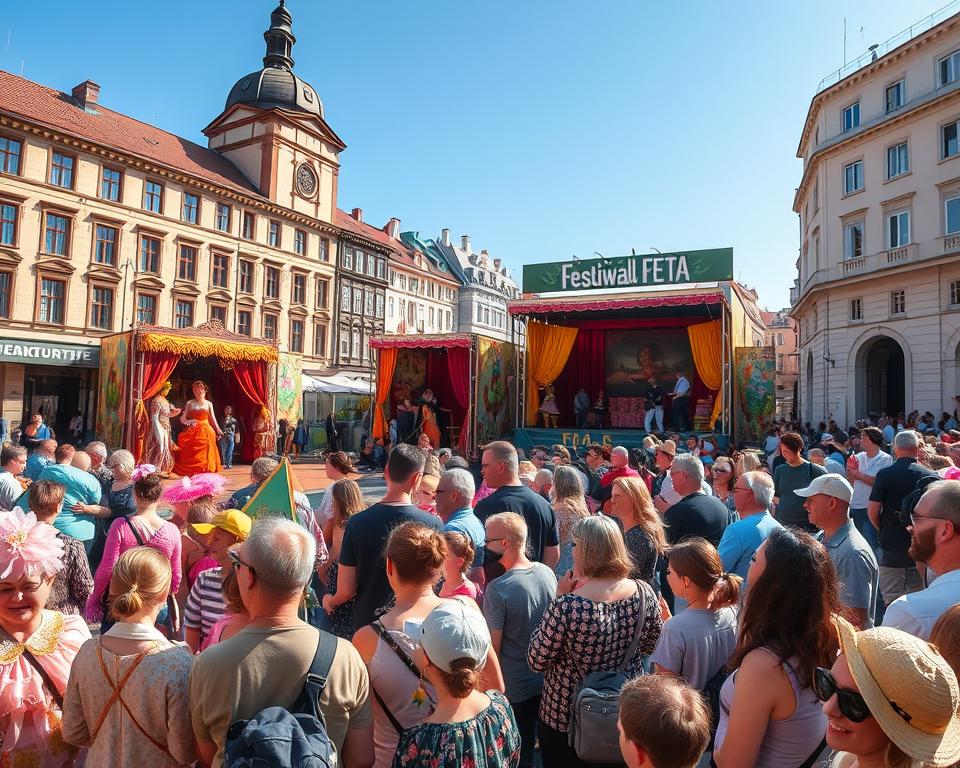 A vibrant street festival scene in Gdańsk, showcasing the "Festiwal FETA" with colorful theatrical displays. In the foreground, performers dressed in elaborate costumes engage with an enthusiastic crowd of diverse spectators, both adults and children, who are captivated by the street theatre. The middle ground features artistic stages adorned with artistic fabrics, painted backdrops, and whimsical props, set against a backdrop of historic Gdańsk architecture under a clear blue sky. Soft, warm sunlight bathes the scene, casting lively shadows that enhance the atmosphere of joy and celebration. Capture the bustling, festive mood of the event, emphasizing the creativity and cultural richness of street theatre. Use a wide-angle lens to capture the depth of the festival's activities, ensuring a carefree and welcoming ambiance without any text or distractions.