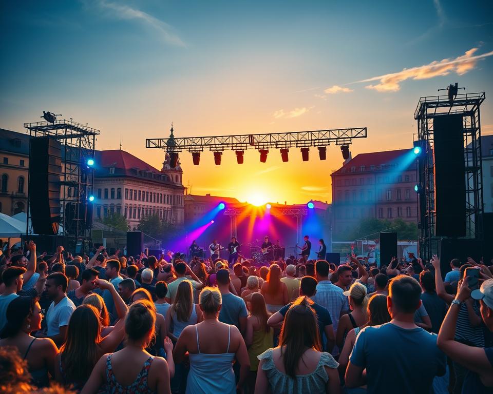A vibrant summer concert scene in Gdańsk, showcasing a large outdoor stage illuminated by colorful stage lights, filled with an enthusiastic crowd. In the foreground, a diverse group of people in casual summer attire enjoys the music, some dancing and others capturing moments on their smartphones. In the middle ground, musicians passionately perform on stage, surrounded by instruments and large speaker stacks. The background features the iconic architecture of Gdańsk, with ancient buildings silhouetted against a stunning sunset, casting a warm golden hue over the scene. The atmosphere is lively and festive, conveying excitement and joy as night falls, with soft bokeh effects highlighting the energy of the concert. Capture the essence of summer festivals in Gdańsk, focusing on music, community, and celebration. A vibrant summer concert scene in Gdańsk, showcasing a large outdoor stage illuminated by colorful stage lights, filled with an enthusiastic crowd. In the foreground, a diverse group of people in casual summer attire enjoys the music, some dancing and others capturing moments on their smartphones. In the middle ground, musicians passionately perform on stage, surrounded by instruments and large speaker stacks. The background features the iconic architecture of Gdańsk, with ancient buildings silhouetted against a stunning sunset, casting a warm golden hue over the scene. The atmosphere is lively and festive, conveying excitement and joy as night falls, with soft bokeh effects highlighting the energy of the concert. Capture the essence of summer festivals in Gdańsk, focusing on music, community, and celebration.