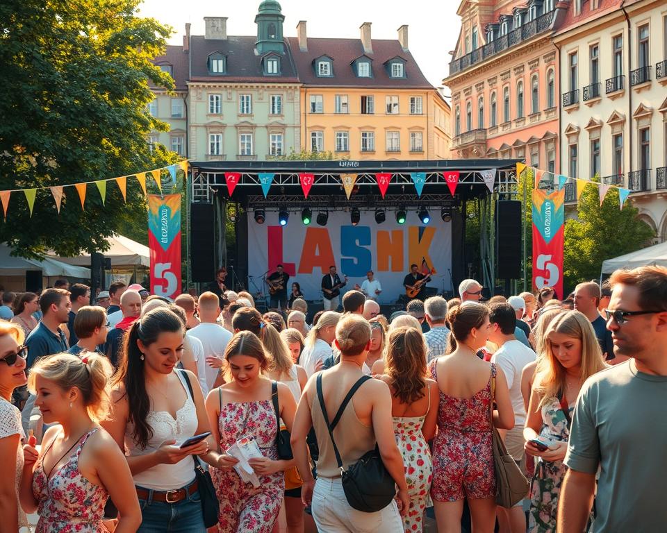 A vibrant summer festival scene set in Gdańsk, featuring a diverse group of people, dressed in casual summer attire, enjoying an outdoor concert. The foreground includes attendees chatting, some taking notes, and others checking schedules, all showing excitement and engagement. In the middle ground, a lively stage with musicians performing, colorful banners fluttering in the gentle breeze. The background showcases the beautiful architecture of Gdańsk, with historic buildings and greenery enhancing the atmosphere. The scene is illuminated by warm, golden sunlight, creating a cheerful and inviting mood. Capture this angle from slightly below eye level, emphasizing the festival's vibrant energy and community spirit, while maintaining a clear focus on the joyous celebration of music and culture. A vibrant summer festival scene set in Gdańsk, featuring a diverse group of people, dressed in casual summer attire, enjoying an outdoor concert. The foreground includes attendees chatting, some taking notes, and others checking schedules, all showing excitement and engagement. In the middle ground, a lively stage with musicians performing, colorful banners fluttering in the gentle breeze. The background showcases the beautiful architecture of Gdańsk, with historic buildings and greenery enhancing the atmosphere. The scene is illuminated by warm, golden sunlight, creating a cheerful and inviting mood. Capture this angle from slightly below eye level, emphasizing the festival's vibrant energy and community spirit, while maintaining a clear focus on the joyous celebration of music and culture.