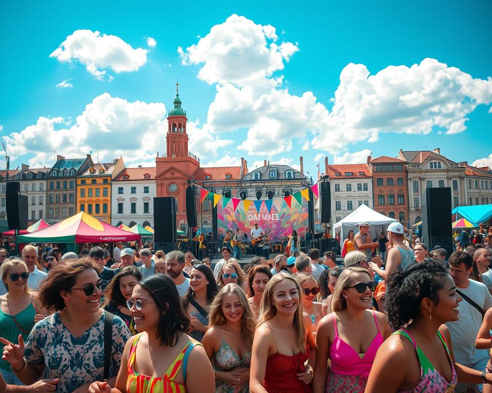 A vibrant summer music festival scene set in Gdańsk, showcasing a diverse crowd of people enjoying live performances. In the foreground, festival-goers of various backgrounds are smiling and dancing, dressed in colorful casual summer attire. The middle ground features a dynamic stage with musicians performing energetically, surrounded by colorful banners and lights illuminating the atmosphere. The background reveals iconic Gdańsk architecture, with the historic waterfront and lively stalls selling food and drinks under a bright blue sky with fluffy white clouds. The lighting is warm and inviting, capturing the joyful and festive atmosphere of summer 2026, with a wide-angle perspective to emphasize the event's scale and energy. A vibrant summer music festival scene set in Gdańsk, showcasing a diverse crowd of people enjoying live performances. In the foreground, festival-goers of various backgrounds are smiling and dancing, dressed in colorful casual summer attire. The middle ground features a dynamic stage with musicians performing energetically, surrounded by colorful banners and lights illuminating the atmosphere. The background reveals iconic Gdańsk architecture, with the historic waterfront and lively stalls selling food and drinks under a bright blue sky with fluffy white clouds. The lighting is warm and inviting, capturing the joyful and festive atmosphere of summer 2026, with a wide-angle perspective to emphasize the event's scale and energy.