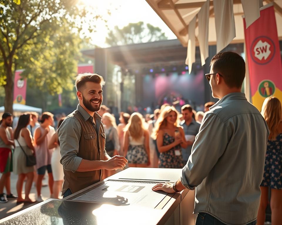 A vibrant summer scene depicting a lively outdoor music festival ticket booth in Gdańsk. In the foreground, a friendly vendor wearing a casual yet professional outfit stands behind a beautifully designed ticket counter, interacting with excited attendees. The middle ground features a diverse group of festively dressed people, adults and teens, joyfully discussing their plans for the festival. In the background, colorful banners and a large stage can be seen, hinting at the musical performances to come. Soft sunlight filters through the trees, casting warm, golden light on the scene, creating a cheerful and inviting atmosphere. The angle captures the booth in detail, with the festival's logo subtly visible on the banners, emphasizing the anticipation and excitement of purchasing tickets. A vibrant summer scene depicting a lively outdoor music festival ticket booth in Gdańsk. In the foreground, a friendly vendor wearing a casual yet professional outfit stands behind a beautifully designed ticket counter, interacting with excited attendees. The middle ground features a diverse group of festively dressed people, adults and teens, joyfully discussing their plans for the festival. In the background, colorful banners and a large stage can be seen, hinting at the musical performances to come. Soft sunlight filters through the trees, casting warm, golden light on the scene, creating a cheerful and inviting atmosphere. The angle captures the booth in detail, with the festival's logo subtly visible on the banners, emphasizing the anticipation and excitement of purchasing tickets.
