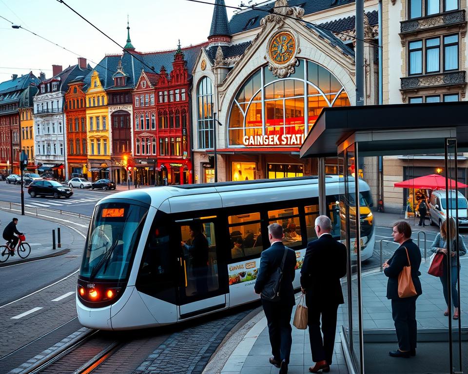 A vibrant urban scene depicting public transport and communication in Gdańsk. In the foreground, a modern tram glides smoothly along the tracks, with passengers in professional business attire waiting at a sleek, glass bus stop. In the middle ground, a bustling street showcases a mix of cyclists, people walking with shopping bags, and the distinct architecture of Gdańsk, including colorful buildings with intricate facades. In the background, the iconic Gdańsk train station peeks through, illuminated by the warm glow of streetlights as dusk sets in. The atmosphere is lively yet relaxed, encapsulating the essence of city life. The image is captured from a slight aerial angle, with smooth dynamic lighting highlighting the vibrant colors of the scene, inviting viewers into the heart of Gdańsk’s transport network. A vibrant urban scene depicting public transport and communication in Gdańsk. In the foreground, a modern tram glides smoothly along the tracks, with passengers in professional business attire waiting at a sleek, glass bus stop. In the middle ground, a bustling street showcases a mix of cyclists, people walking with shopping bags, and the distinct architecture of Gdańsk, including colorful buildings with intricate facades. In the background, the iconic Gdańsk train station peeks through, illuminated by the warm glow of streetlights as dusk sets in. The atmosphere is lively yet relaxed, encapsulating the essence of city life. The image is captured from a slight aerial angle, with smooth dynamic lighting highlighting the vibrant colors of the scene, inviting viewers into the heart of Gdańsk’s transport network.