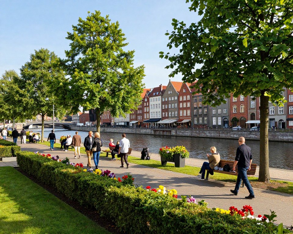 A vibrant urban scene showcasing lush greenery in the heart of Gdańsk, focusing on public spaces along the picturesque Długie Pobrzeże. In the foreground, neatly trimmed hedges and colorful flowerbeds line a wide walkway. People dressed in smart casual attire enjoy leisurely strolls, some seated on benches adorned with blooming plants. The middle ground features a gently flowing river, with historic buildings reflecting in the water, adding charm to the landscape. In the background, a clear blue sky is illuminated by soft sunlight, casting gentle shadows and enhancing the warmth of the scene. The overall atmosphere is inviting and serene, perfect for a peaceful day out in the city. Capture this enchanting blend of greenery and urban life in a balanced composition, using a wide-angle lens to encompass the beauty of nature and architecture.
