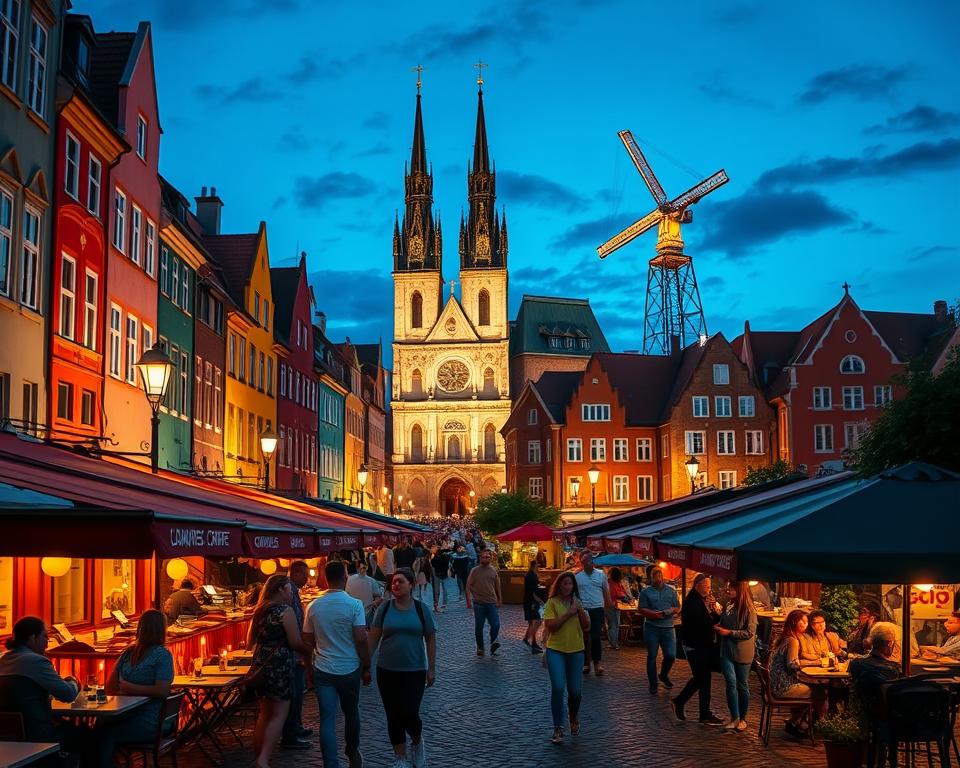A vibrant view of Gdańsk's Old Town at night, showcasing the iconic colorful facades of historical buildings and the medieval architecture that defines the city. In the foreground, a bustling cobblestone street filled with couples and families enjoying the nightlife, dressed in modest casual clothing. The middle layer features cozy outdoor cafes with warm lighting, tables adorned with lit candles, and people dining. The background highlights the stunning silhouette of St. Mary's Church and the remarkable Gdańsk Crane illuminated against a twilight sky. The scene is bathed in soft, ambient streetlight glow, creating a welcoming and lively atmosphere reminiscent of summer evenings in a popular city center.