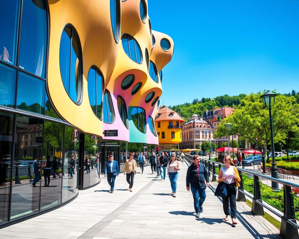 A vibrant view of Krzywy Domek in Sopot, showcasing its unique twisted architecture with whimsical curves and colorful facades. The foreground features the building's distinctive glass windows reflecting sunlight, while playful, organic shapes dominate the structure. In the middle ground, lively pedestrians stroll along the promenade, dressed in casual, professional attire, enhancing the lively atmosphere. The background reveals the surrounding lush greenery of the park and hints of nearby shops and cafes, under a clear blue sky. The lighting is bright and cheerful, casting soft shadows that accentuate the building's unusual design and inviting visitors to admire its artistic appeal. Capture the essence of a sunny day in Sopot, filled with a sense of wonder and curiosity.