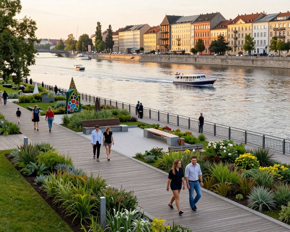 A vibrant waterfront scene along the Motława River, showcasing recent investments in recreational spaces. In the foreground, a well-maintained wooden boardwalk lined with lush greenery and local flora, inviting residents and tourists alike. Couples and families walk leisurely, dressed in smart casual attire, engaged in conversation. The middle ground features modern benches and art installations, harmonizing with nature, while small boats glide gently on the water. In the background, historic buildings reflect the city’s rich architectural heritage under a soft golden hour lighting, creating an inviting atmosphere. The image captures a tranquil yet lively mood, highlighting the impact of urban investments on public spaces. The perspective is slightly elevated, resembling a bird’s-eye view, accentuating the harmony between nature and city life.