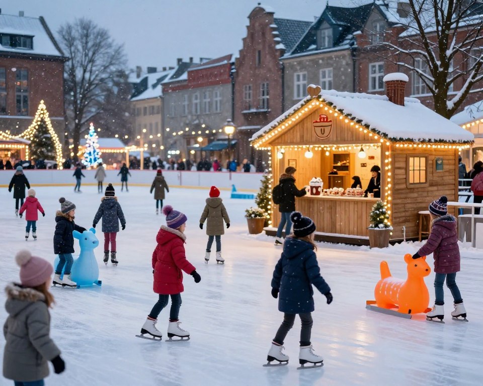 A vibrant winter scene at an ice rink designed for children in Gdańsk, showcasing various attractions and amenities. In the foreground, several children in warm, cozy winter clothing are enjoying the ice, some gliding on skates while others are playing with colorful inflatable ice sculptures shaped like animals. The middle ground features a charming, decorated wooden hut offering hot chocolate and snacks, surrounded by twinkling fairy lights. In the background, you can see a large festive ice rink with snowflakes gently falling from the twilight sky, creating a magical atmosphere. The lighting is warm and inviting, capturing the joy and excitement of a winter day. The image has a soft focus, enhancing the playful mood of this delightful winter wonderland. A vibrant winter scene at an ice rink designed for children in Gdańsk, showcasing various attractions and amenities. In the foreground, several children in warm, cozy winter clothing are enjoying the ice, some gliding on skates while others are playing with colorful inflatable ice sculptures shaped like animals. The middle ground features a charming, decorated wooden hut offering hot chocolate and snacks, surrounded by twinkling fairy lights. In the background, you can see a large festive ice rink with snowflakes gently falling from the twilight sky, creating a magical atmosphere. The lighting is warm and inviting, capturing the joy and excitement of a winter day. The image has a soft focus, enhancing the playful mood of this delightful winter wonderland.