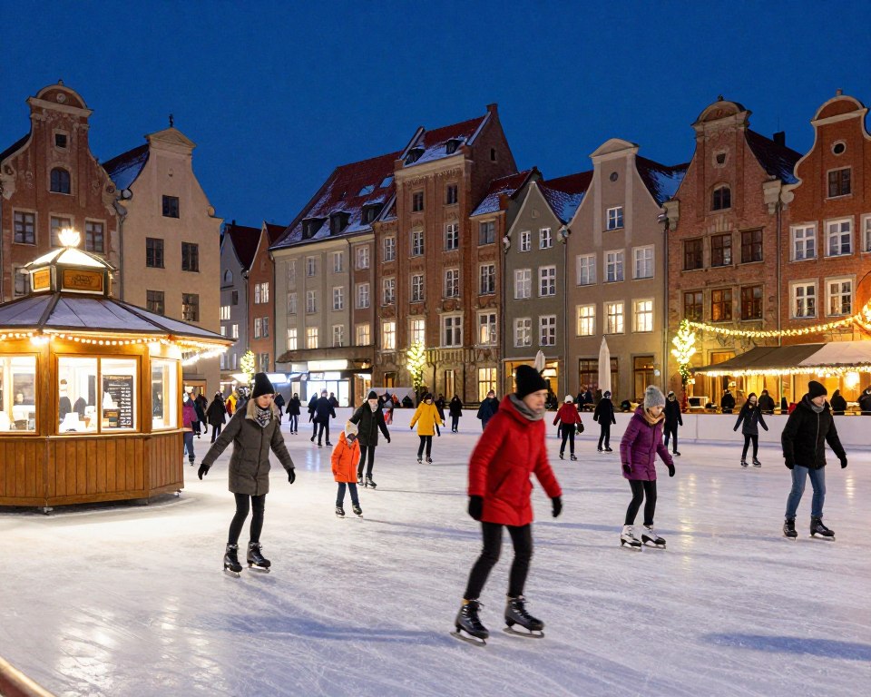 A vibrant winter scene at an ice rink in Gdańsk, showcasing a bustling atmosphere filled with families and friends enjoying ice skating. In the foreground, a diverse group of people, dressed in colorful winter attire, are gliding gracefully on the sparkling ice. A beautifully decorated wooden kiosk stands to the side, displaying a menu of opening hours and pricing in an appealing arrangement, yet without any text. The middle ground features charming, historic Gdańsk architecture, with festive lights reflecting off the ice. In the background, twinkling fairy lights enhance the magical winter ambiance under a clear, starry night sky. The scene is illuminated with soft, ambient lighting, capturing the joy and excitement of a winter evening at the rink, shot from a slightly elevated angle to encompass the full vibrancy of the setting. A vibrant winter scene at an ice rink in Gdańsk, showcasing a bustling atmosphere filled with families and friends enjoying ice skating. In the foreground, a diverse group of people, dressed in colorful winter attire, are gliding gracefully on the sparkling ice. A beautifully decorated wooden kiosk stands to the side, displaying a menu of opening hours and pricing in an appealing arrangement, yet without any text. The middle ground features charming, historic Gdańsk architecture, with festive lights reflecting off the ice. In the background, twinkling fairy lights enhance the magical winter ambiance under a clear, starry night sky. The scene is illuminated with soft, ambient lighting, capturing the joy and excitement of a winter evening at the rink, shot from a slightly elevated angle to encompass the full vibrancy of the setting.