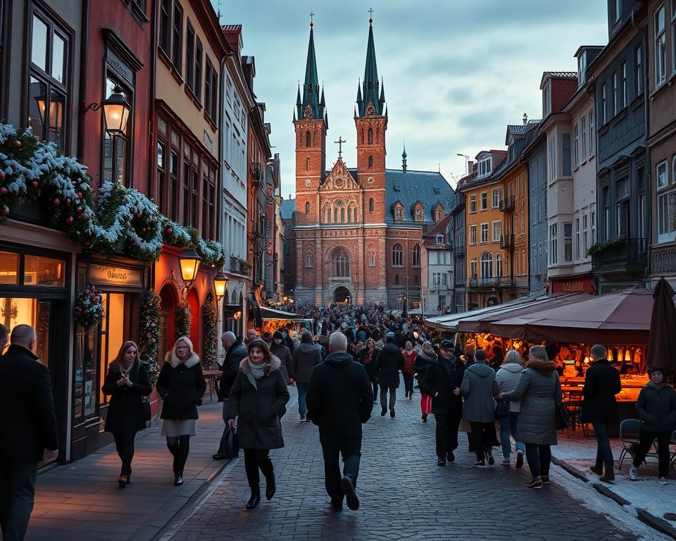 A vibrant winter scene capturing the heart of Gdańsk. In the foreground, a cozy street lined with charming, historic buildings adorned with festive decorations, showcasing warm lights in the windows. People in professional business attire and modest casual clothing stroll along the cobblestone paths, with some pausing to admire the architecture. In the middle ground, a picturesque square bustling with life, featuring outdoor cafes offering seasonal treats, surrounded by locals and tourists enjoying the atmosphere. In the background, the iconic Gdańsk architecture, including the magnificent St. Mary's Church and traditional colorful facades. The scene is illuminated by soft twilight, with a dreamy, nostalgic vibe that captures the essence of Gdańsk in winter. The angle is slightly elevated to provide a broad view of the lively activities, enhancing the festive and welcoming feel of the city center.