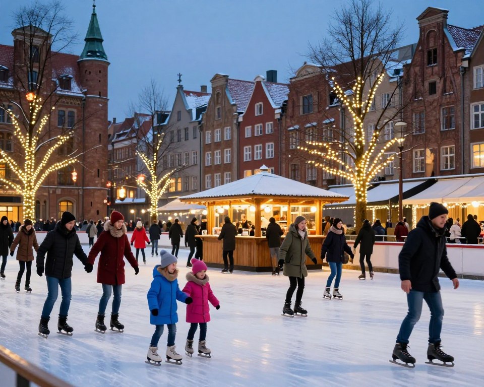 A vibrant, winter-themed ice skating rink in Gdańsk bustling with joy and activity. In the foreground, a diverse group of skaters, including families, couples, and friends, all dressed in warm, colorful winter attire, enjoy skating gracefully on the sparkling ice. In the middle ground, a cozy wooden kiosk offers hot beverages, with people chatting and laughing as they warm up. Soft glowing lights adorn the trees surrounding the rink, casting a warm and inviting glow against the cool evening ambiance. In the background, historic Gdańsk architecture glimmers under a light dusting of snow, with a clear twilight sky overhead, creating a magical, serene atmosphere. The image captures the essence of community and winter fun, evoking a sense of excitement and nostalgia. A vibrant, winter-themed ice skating rink in Gdańsk bustling with joy and activity. In the foreground, a diverse group of skaters, including families, couples, and friends, all dressed in warm, colorful winter attire, enjoy skating gracefully on the sparkling ice. In the middle ground, a cozy wooden kiosk offers hot beverages, with people chatting and laughing as they warm up. Soft glowing lights adorn the trees surrounding the rink, casting a warm and inviting glow against the cool evening ambiance. In the background, historic Gdańsk architecture glimmers under a light dusting of snow, with a clear twilight sky overhead, creating a magical, serene atmosphere. The image captures the essence of community and winter fun, evoking a sense of excitement and nostalgia.