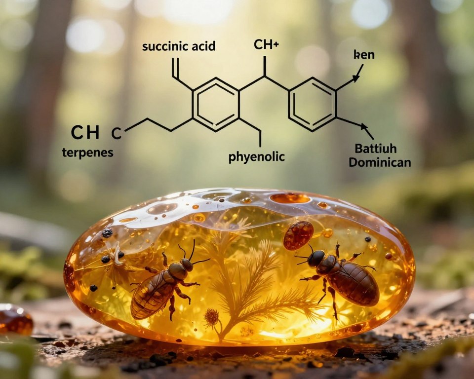 A visually captivating illustration depicting the chemical composition of amber, specifically focusing on Baltic and Dominican amber. In the foreground, a detailed cross-section of amber reveals its vibrant golden hues, showcasing embedded plant material and insect inclusions. The middle layer features an annotated diagram highlighting chemical compounds such as succinic acid, terpenes, and phenolic compounds, with arrows and labels indicating their sources and structures. The background should present an ethereal, blurred forest setting that hints at the natural origins of amber. Soft, natural lighting enhances the warm tones of the amber, creating a serene and educational atmosphere. The perspective should allow for a clear view of both the amber’s surface and its internal structure, inviting curiosity and deeper understanding. A visually captivating illustration depicting the chemical composition of amber, specifically focusing on Baltic and Dominican amber. In the foreground, a detailed cross-section of amber reveals its vibrant golden hues, showcasing embedded plant material and insect inclusions. The middle layer features an annotated diagram highlighting chemical compounds such as succinic acid, terpenes, and phenolic compounds, with arrows and labels indicating their sources and structures. The background should present an ethereal, blurred forest setting that hints at the natural origins of amber. Soft, natural lighting enhances the warm tones of the amber, creating a serene and educational atmosphere. The perspective should allow for a clear view of both the amber’s surface and its internal structure, inviting curiosity and deeper understanding.