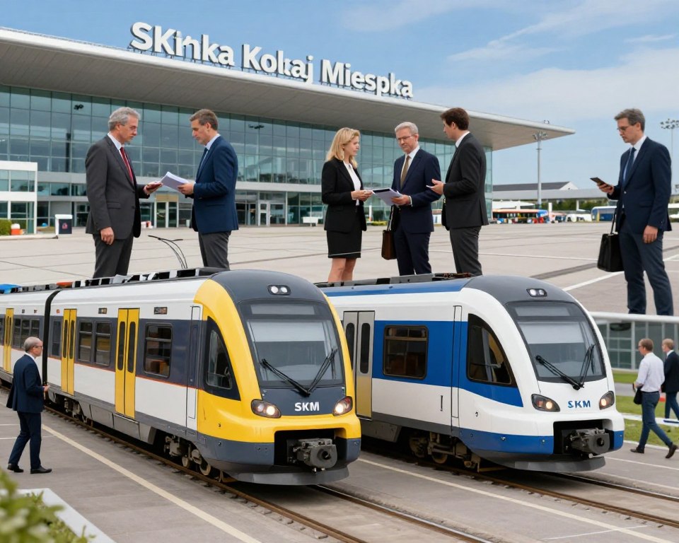 A visually engaging scene depicting a comparison of two public transport options, SKM (Szybka Kolej Miejska) and PKM (Pomorska Kolej Metropolitalna), leading to Gdańsk Airport. In the foreground, two stylish, modern train models are positioned side by side: one representing SKM, with a sleek design and vibrant colors, and the other representing PKM, showcasing its unique features. The middle ground features commuters in professional business attire, engaging with the transportation options and eagerly discussing their travel plans. In the background, Gdańsk Airport is visible, with its contemporary architecture gleaming under bright, clear daylight. The atmosphere is dynamic yet informative, capturing a moment of decision-making while showcasing the functionality of both transport methods. The angle is slightly elevated, allowing for a comprehensive view of the scene.