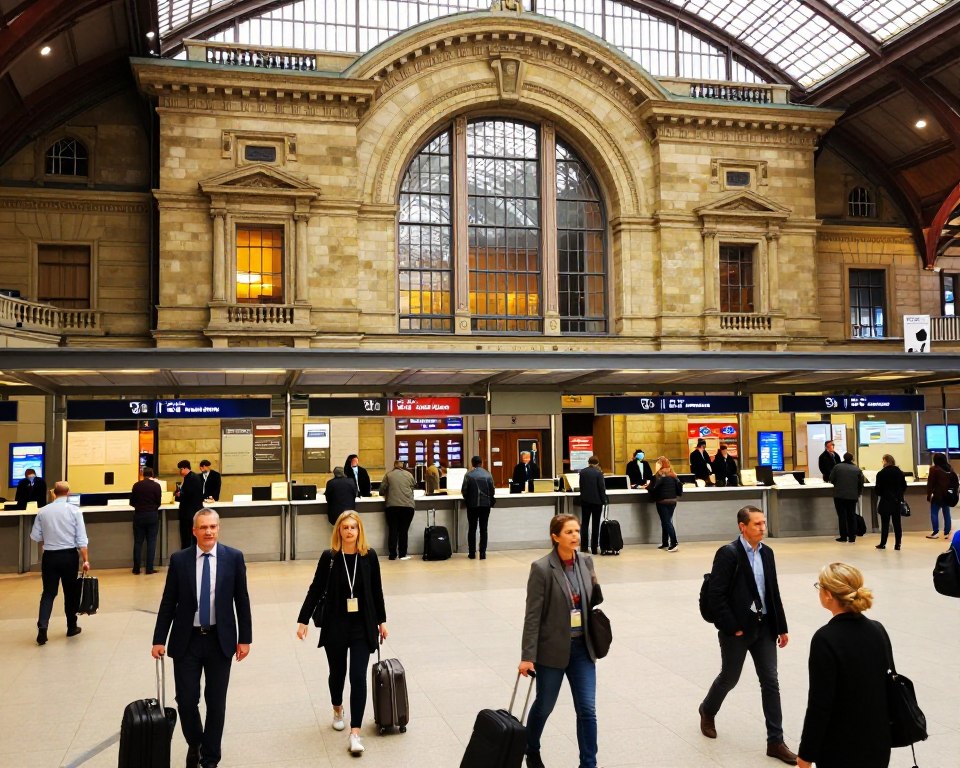 A vivid depiction of the Gdańsk Główny train station, showcasing its architectural elegance and functionality. In the foreground, capture the entrance area bustling with travelers of diverse ethnic backgrounds in professional attire, some carrying suitcases, highlighting its role as a transportation hub. The middle ground features well-organized ticket counters and luggage storage facilities, with staff assisting passengers. The background presents the station's grand façade, characterized by neoclassical design and large glass windows, illuminated by warm, natural light pouring in from above. The atmosphere is lively and inviting, conveying the essence of a busy railway station. Use a slightly wide-angle lens to enhance spatial depth, capturing both the intricacies of design and the flow of people seamlessly. A vivid depiction of the Gdańsk Główny train station, showcasing its architectural elegance and functionality. In the foreground, capture the entrance area bustling with travelers of diverse ethnic backgrounds in professional attire, some carrying suitcases, highlighting its role as a transportation hub. The middle ground features well-organized ticket counters and luggage storage facilities, with staff assisting passengers. The background presents the station's grand façade, characterized by neoclassical design and large glass windows, illuminated by warm, natural light pouring in from above. The atmosphere is lively and inviting, conveying the essence of a busy railway station. Use a slightly wide-angle lens to enhance spatial depth, capturing both the intricacies of design and the flow of people seamlessly.